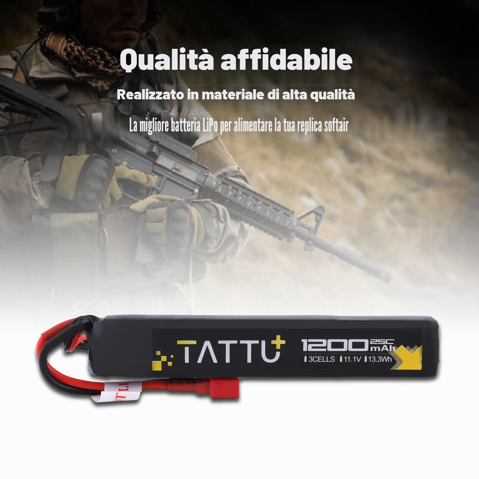 TATTU Batteria LiPo Airsoft Stick da 11,1 V con connettore Deans, 3S 1200 mAh 25C Battery Pack for Airsoft Gun