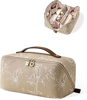 EACHY Travel Makeup Bag,Large Capacity Cosmetic Bags for Women,Waterproof Portable Pouch Open Flat Toiletry Bag Pattern Makeup Bag (F-Brown-Large)