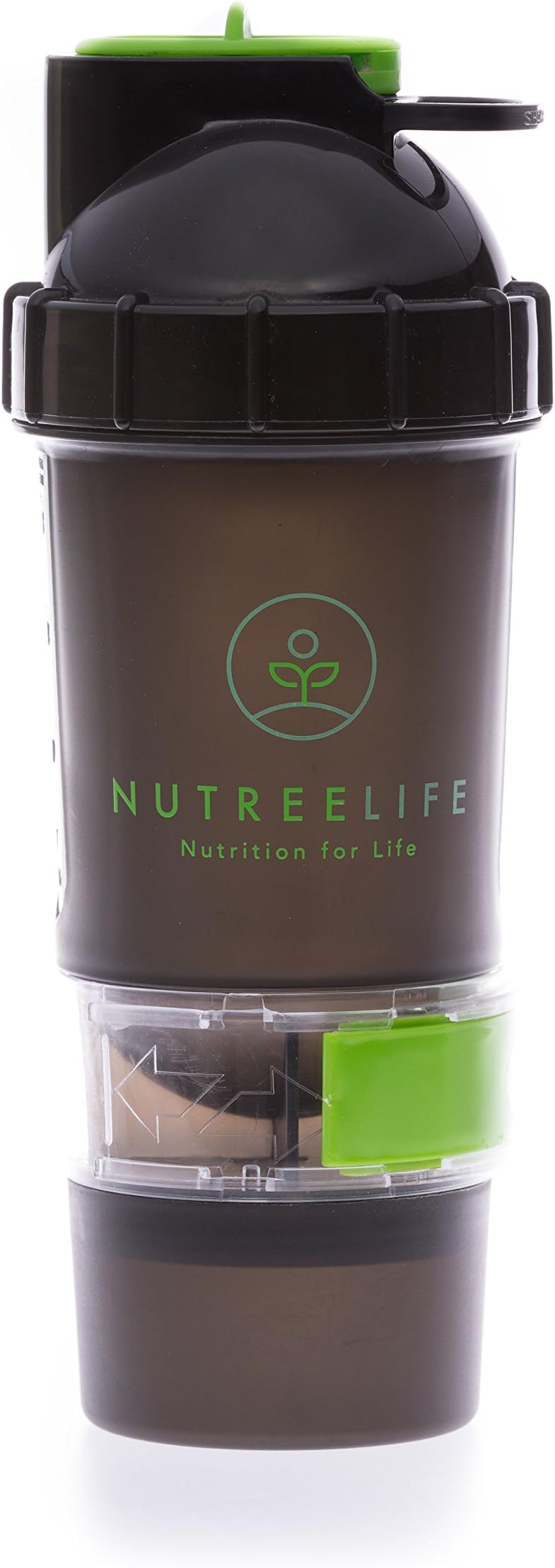 NutreeLife Protein Shaker Bottle with Storage. Perfect for Protein, Greens, Supplement Powder Blends. Compartments to Store Your Powder & Supplement Tablets.
