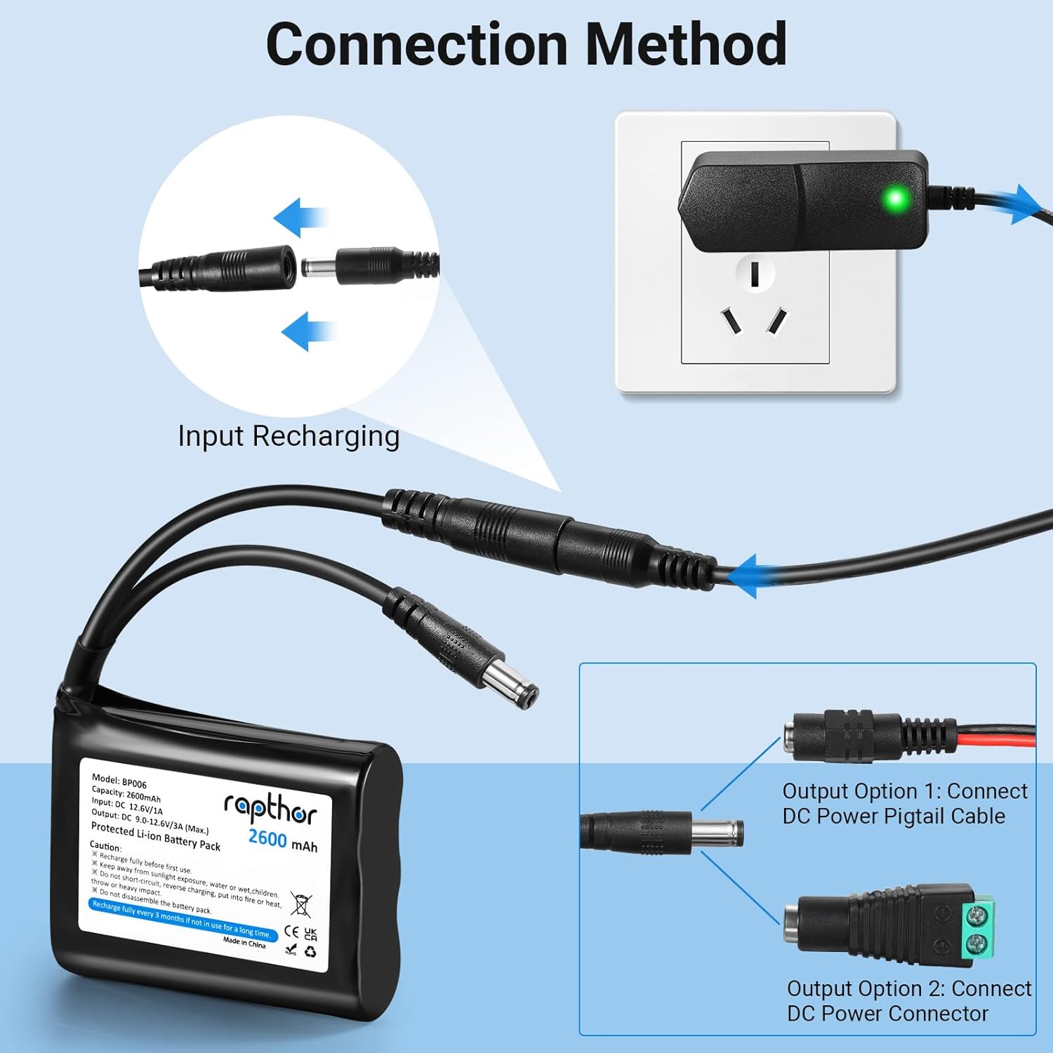 rapthor Rechargeable 12V 2600mAh Lithium ion Battery Pack with Charger Compatible with 12V Devices, Bike Light, DIY Project, Radio, Fishing Light,LED Light Strip, CCTV Camera - Image 3