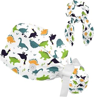 FVQL 2 Pieces Surgical Cap for Long Hair Scrub Cap with Hairband Nurse Cap, Dinosaur Pattern Cartoon