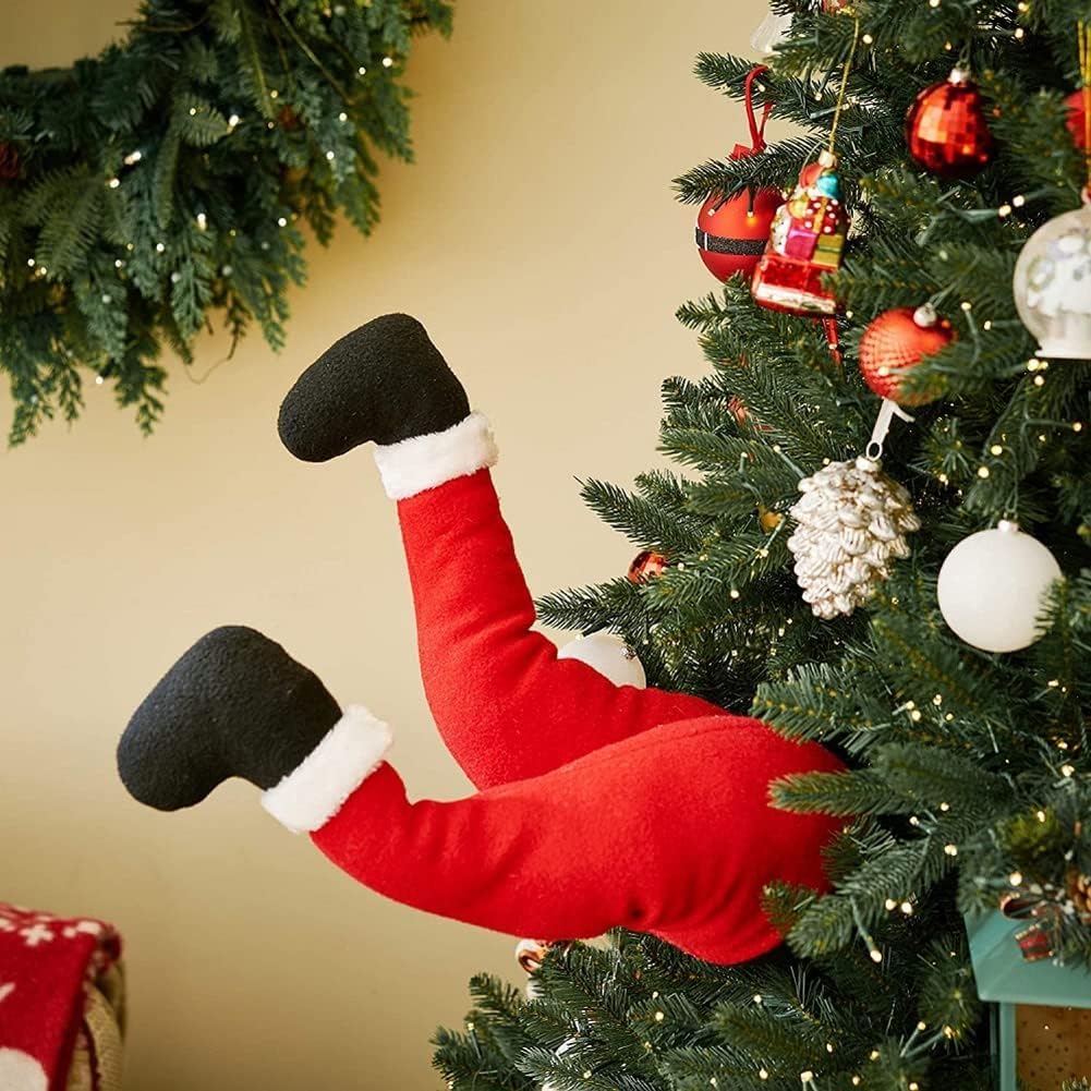 JOYWU Santa Stuffed Leg Stuck in Tree for Christmas Tree Decoration,15 In Bendable Santa Elf Leg with Black Shoes,Plush Christmas Elf Legs,Red Santa Fake Legs Figure,Stuck Christmas Tree Topper