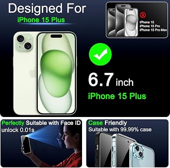 IMBZBK 3 Pack Privacy Screen Protector for iPhone 15 Plus, Tempered Glass | 9H+ Hardness, Military Grade Shatterproof, Case Friendly, Bubble Free Easy Installation Frame, with 3 Camera Lens Protectors