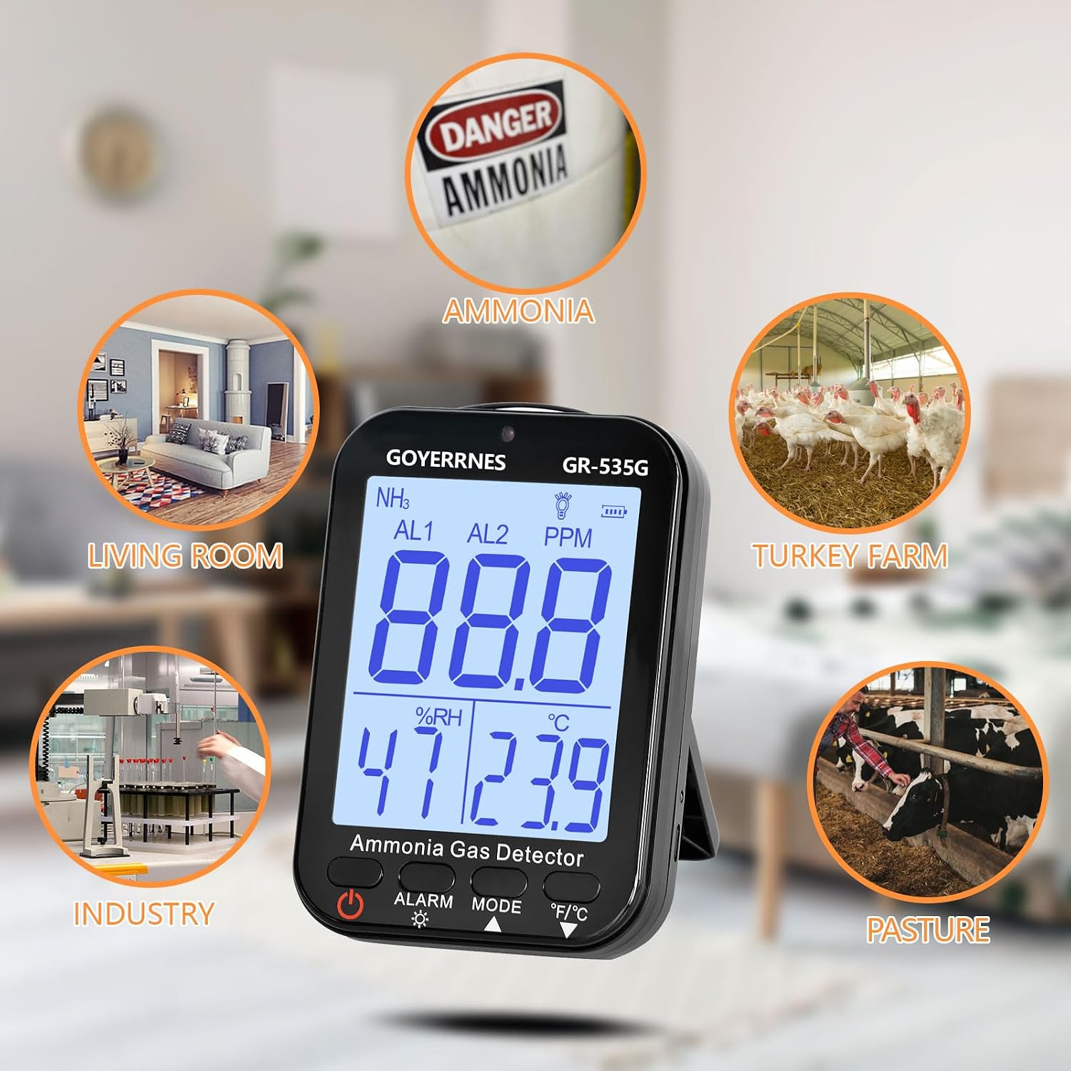 Ammonia Gas Meter Detector, NH3 Gas Monitor Sensor with Range 0-100 ppm, Portable Air Quality Detector Meter for Farm, Poultry, Pig & Livestock (Rechargeable)