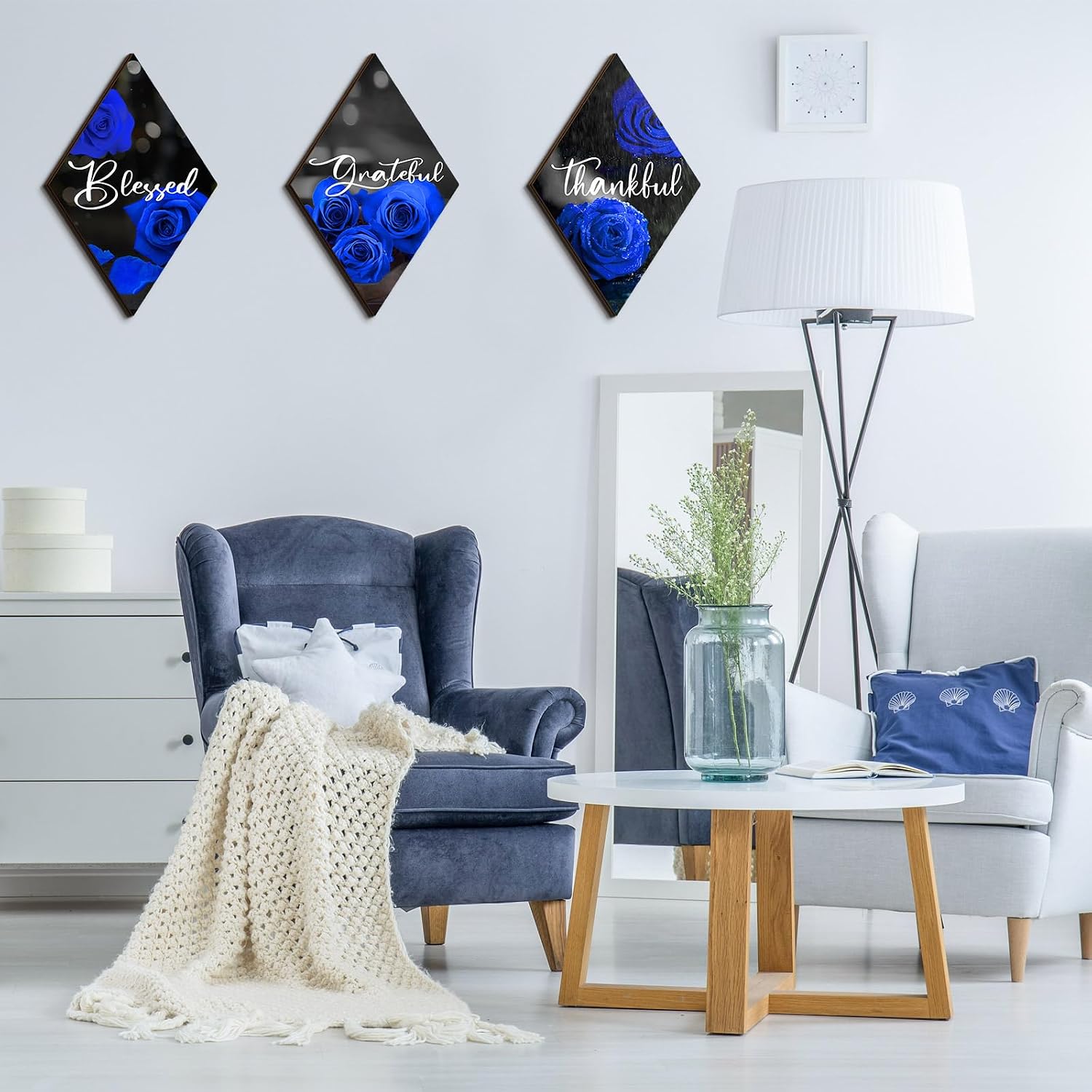 Lewtemi 3 Pcs Thankful Grateful Blessed Wooden Signs Rose Wooden Wall Decor Farmhouse Kitchen Art Decor Inspirational Wall Art Signs for Room Front Door Home,11"x7"(Royal Blue Rose) image 2