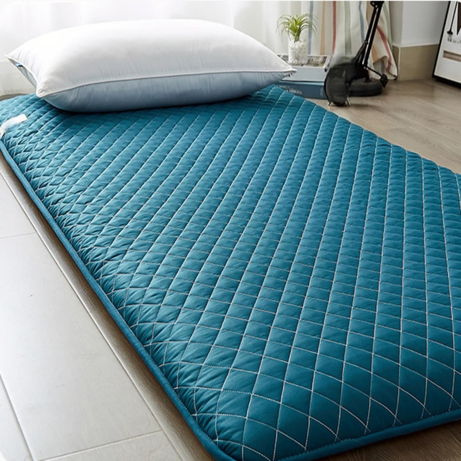 Materasso futon giapponese, 90 x 200 cm, morbido e portatile, pieghevole, per casa e viaggi, design salvaspazio con rivestimento blu per il massimo comfort