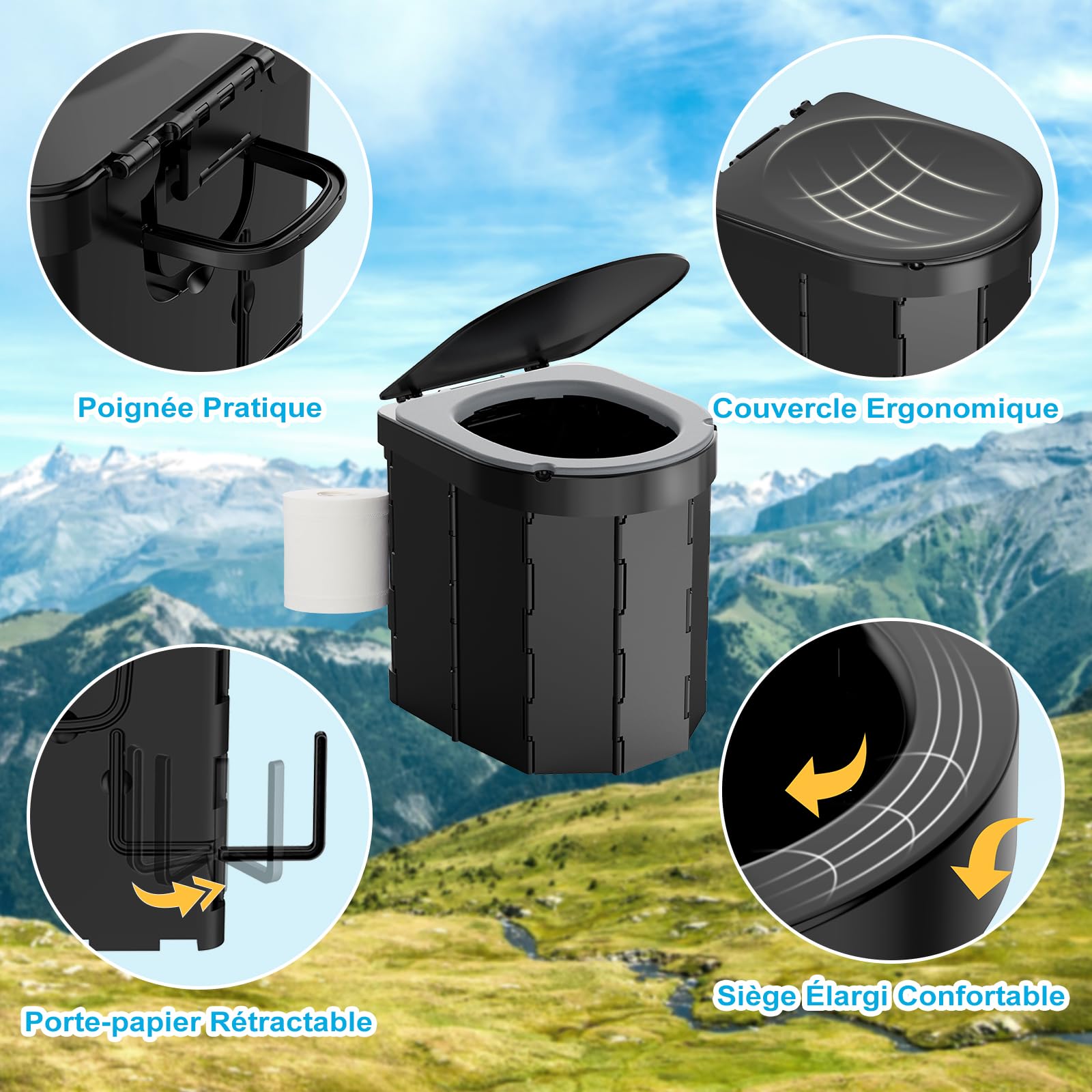 WADEO Toilettes de Camping Pliables, [Max 181 kg] [7 Panneaux Renforcés] Portables avec Couvercle et Porte-Papier, pour Adultes, Voyage, Randonnée, Van
