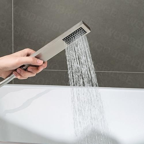 Miniatura 5 de WOODBRIDGE Llenador de bañera independiente de níquel cepillado Grifos montados en el piso de una sola manija con ducha de mano. diseño cuadrado