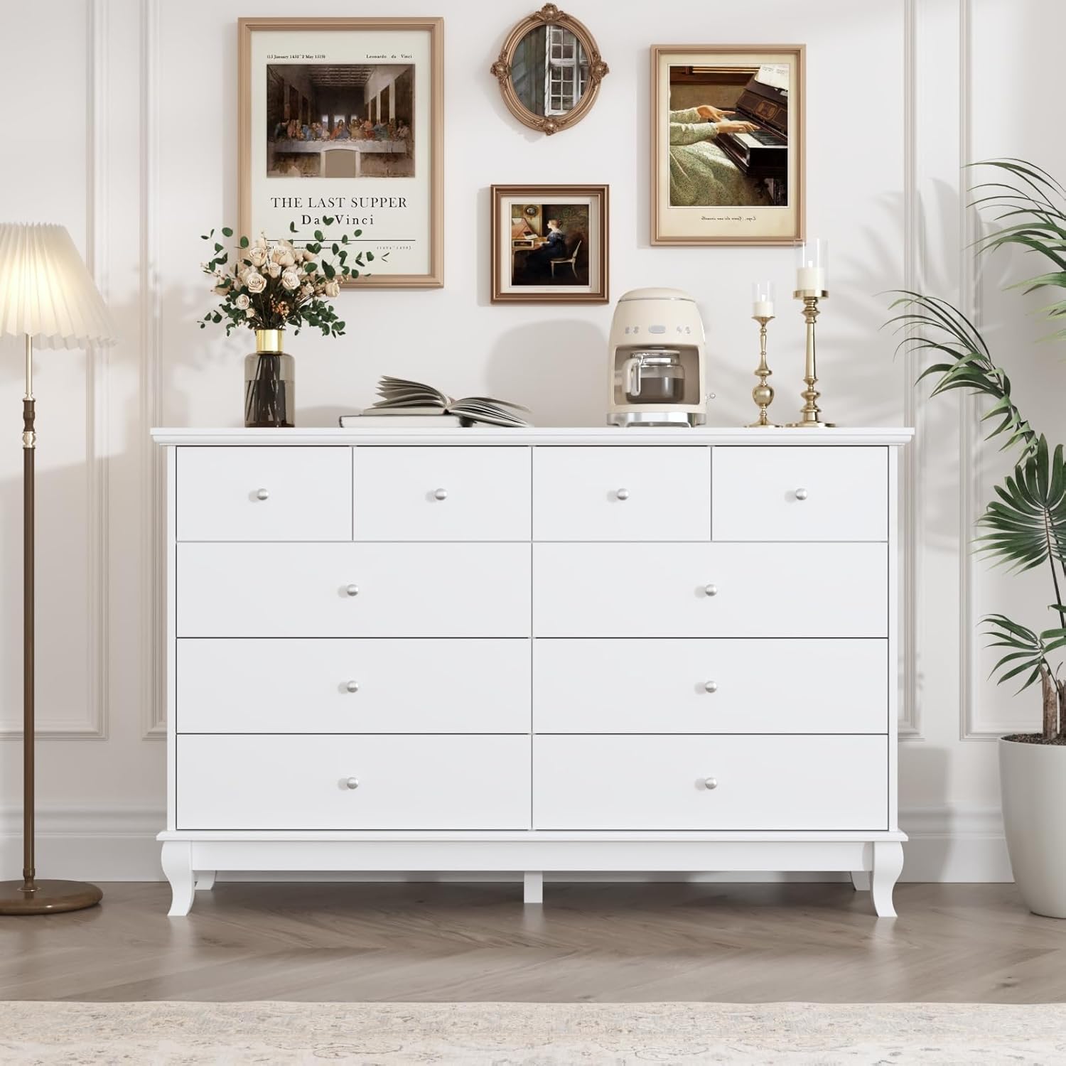 FUFU&GAGA White Dresser for Bedroom Chest of Drawers, Modern 10 Drawer Cabinet with Silver Knobs, 55.1” Wide Dressers with Wood Legs for Living Room Hallway, 55.1”W x 15.7”D x 35.4”H