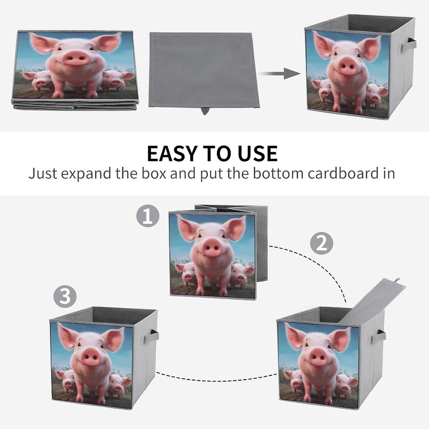 1PCS Foldable Storage Bins Funny Cute Pig Printed Storage Boxes Large Capacity Storage Container With Handle Storage Cubes for Playroom Office Home Organization image 4