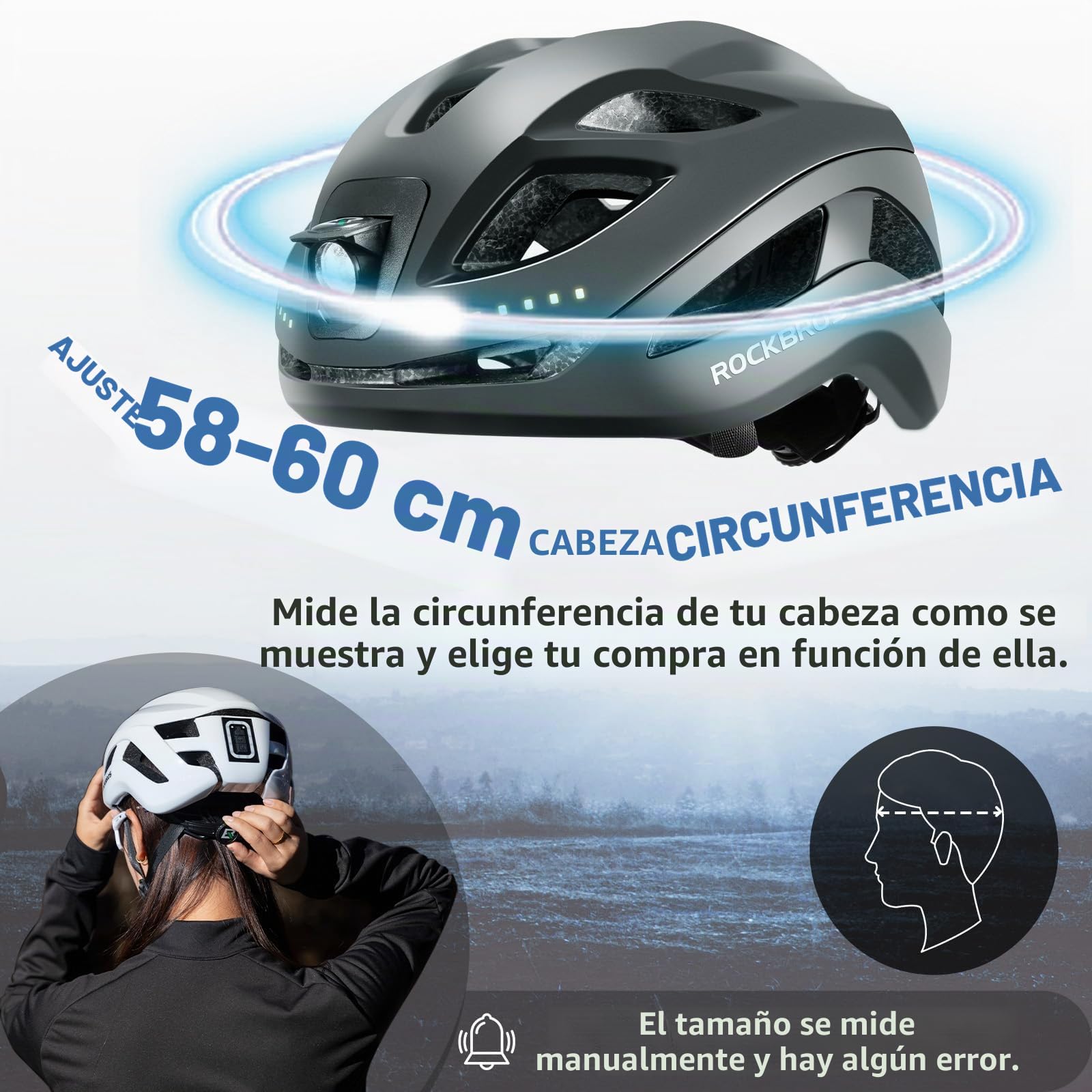 ROCKBROS Casco de Bicicleta con Luz Delantera Lateral y Trasera, Casco Ciclismo Adulto para Hombre Mujer, Casco de MTB Ajustable 58-60 cm