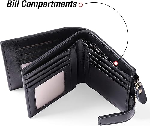 Miniatura 8 de GOIACII - Cartera pequeña para mujer con bloqueo RFID, piel auténtica, bolsillo con cremallera para monedas y ventana para identificación, Negro, S