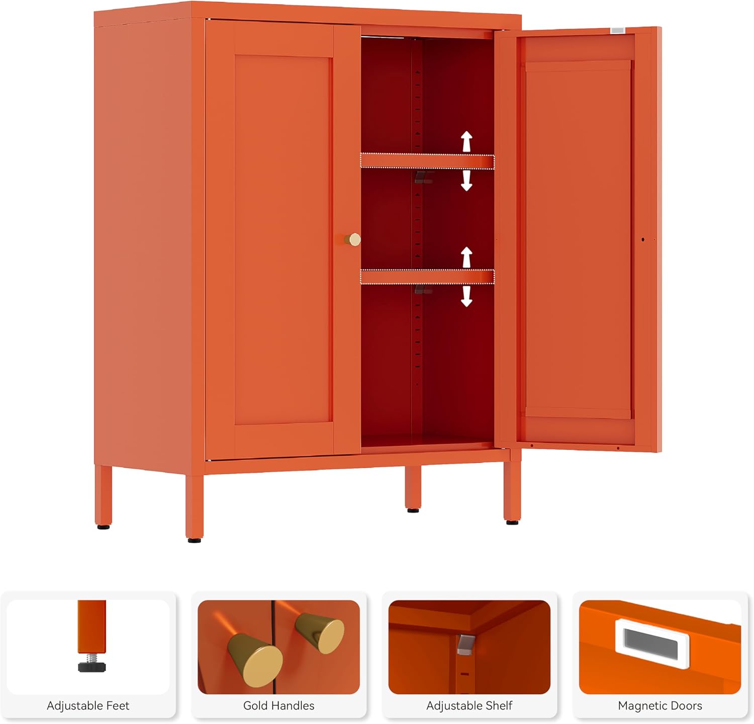 Metal Storage Cabinet with 2 Doors - 31.5''H Bathroom Floor Storage Cabinet, Pantry Cabinet, Bathroom Cabinet for Office, Home, Living Room (Orange)
