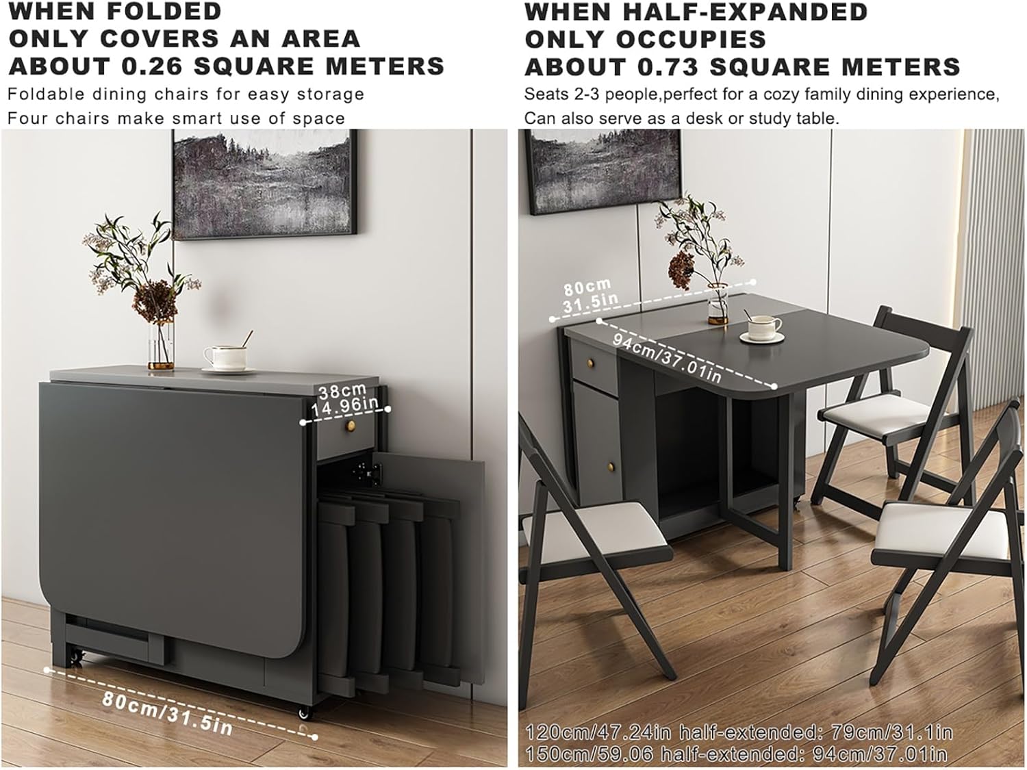 Extendable Drop Leaf Wood Table Modern Folding Dining Table Set with Wheels Space Saving for Kitchen Dining Living Room Small Spaces.(47.24x31.5x29.13cm)