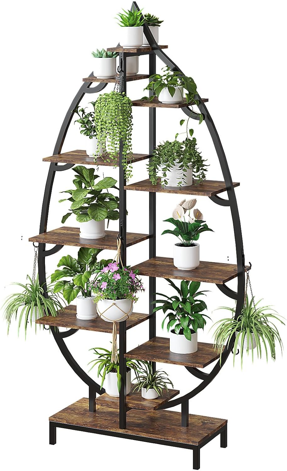 VINGLI Plant Stand Indoor with Grow Lights, 63" Tall 10-Tier Leaf-Shaped Metal Plant Shelf with 5 LED Light Strips, Large Tiered Indoor Plant Stands for Multiple Plants, Modern Decorative Plant Rack for Living Room Balcony, Black