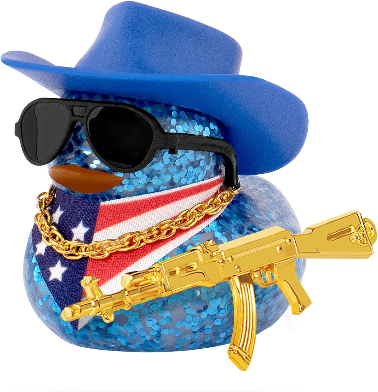 wonuu Rubber Duck Car Ornaments Dashboard Decorations with Cowboy Hat Bandanna Necklace for 4th of July Independence Day Accessories Labor Day, Glitter-Blue Vertical Red White Blue Star Stripe Flag
