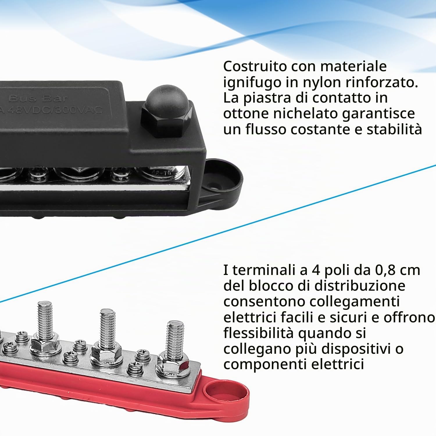 Busbar 250 A con morsettiera M8 5/16", resistente e robusta per auto e barche, sistema 12 V nero e rosso (1)