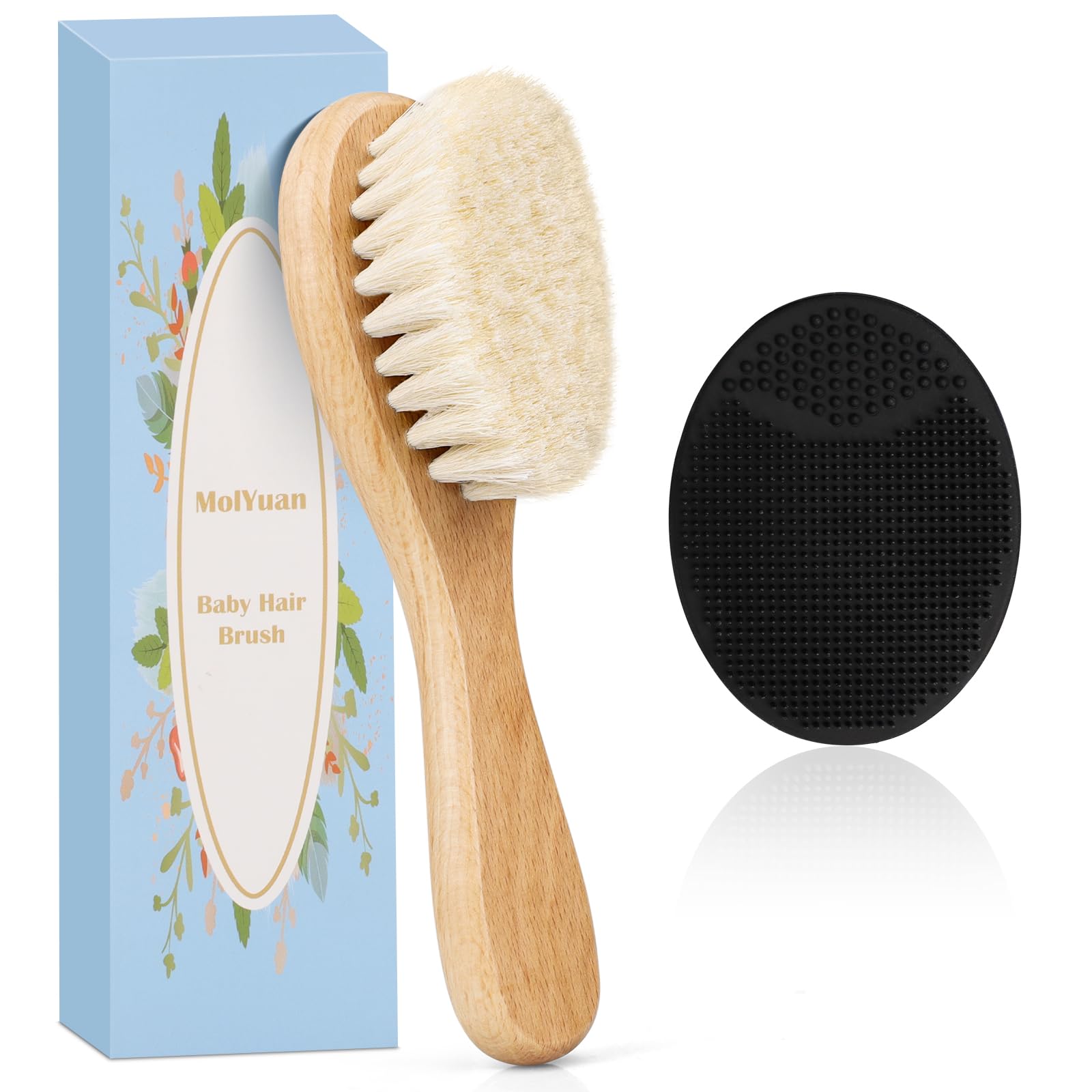 MolYuan Baby Haarbürste, Hölzerne weiche ziegenhaarbürste, Baby Silikon Haar Cradle Cap Pinsel Set für Neugeborene, Kleinkinder, Haarbürste Baby Set (2 Stück (schwarze Silikonbürste + Haarbürste))