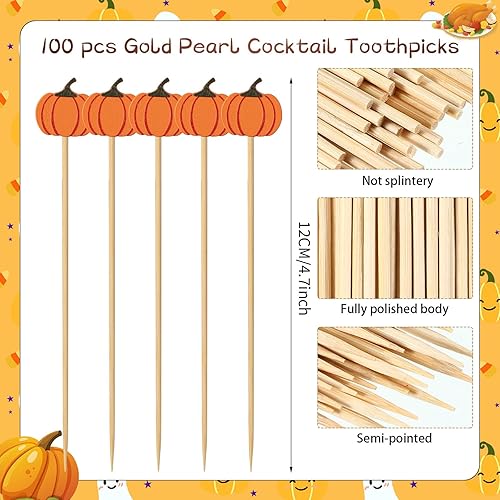 Miniatura 2 de 100 palillos de cóctel de calabaza de otoño, decoración de palitos de frutas con temática de otoño, pinchos de alimentos, palillos de bambú para