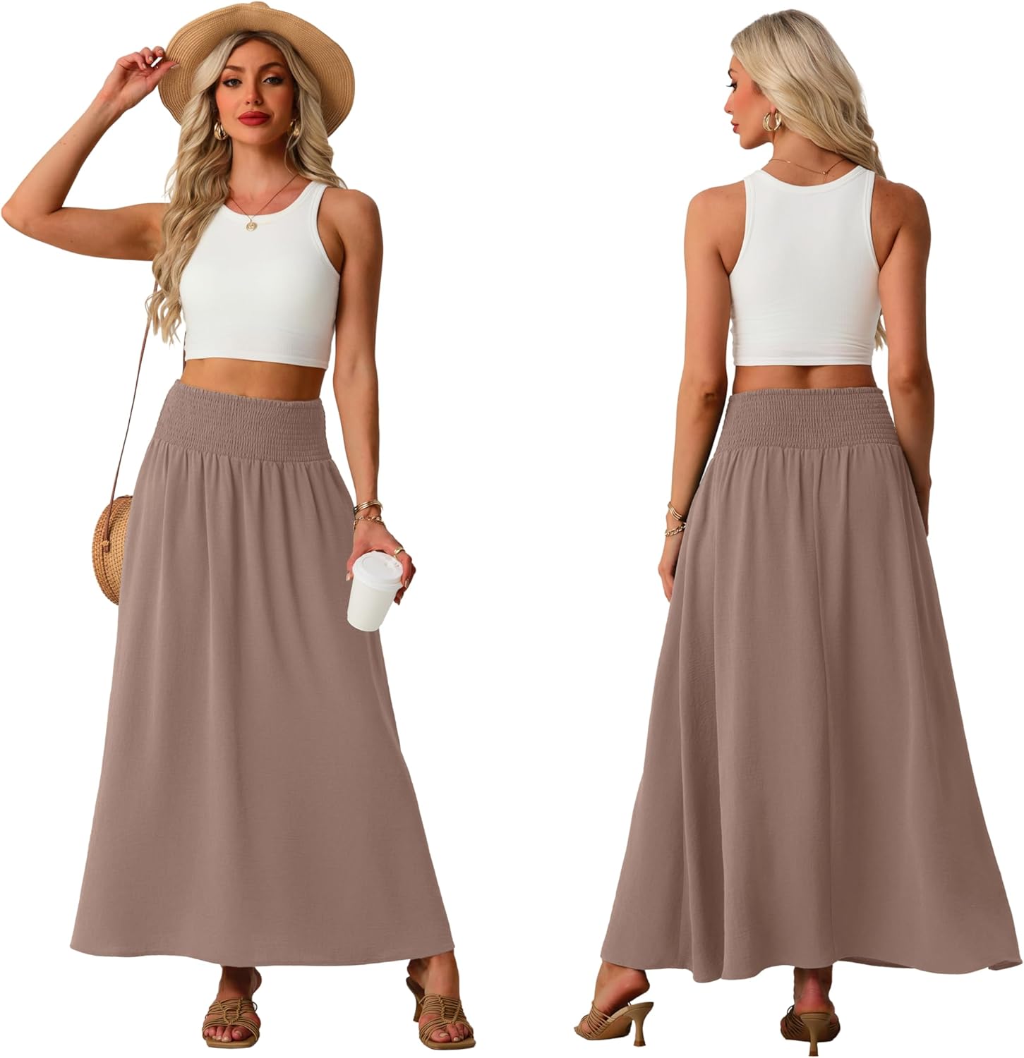 Lepunuo Maxi Skirts for Women Smocked Elastic High Waisted Casual Boho Swing Pleated Beach Long Skirts with Pockets - Image 4
