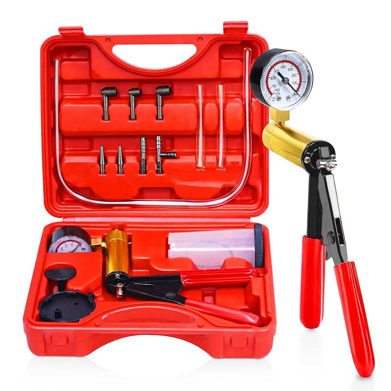 Kit de Bomba de Vácuo Manual com Vacuômetro e Sangrador de Freios CARSC com Adaptadores e Maleta Vermelha