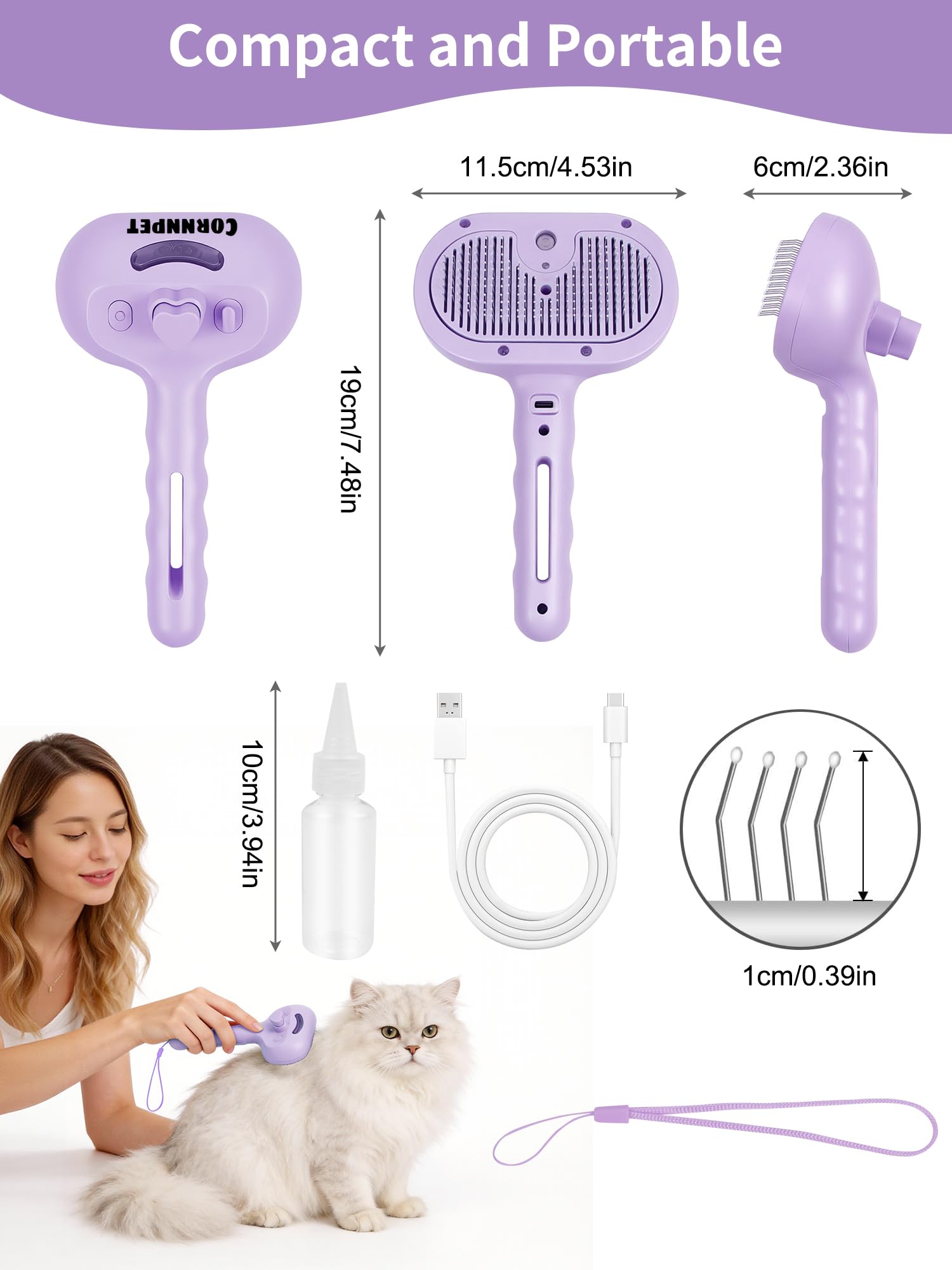 Hunde-Dampfbürste, 5-in-1, Katzenbürste mit Dampf und Entriegelungsknopf, Fellpflege-Werkzeug für Haustiere, Hunde, Haarentfernung, Haarausfall, für kleine Tiere, lang, kurzhaarig, Violett