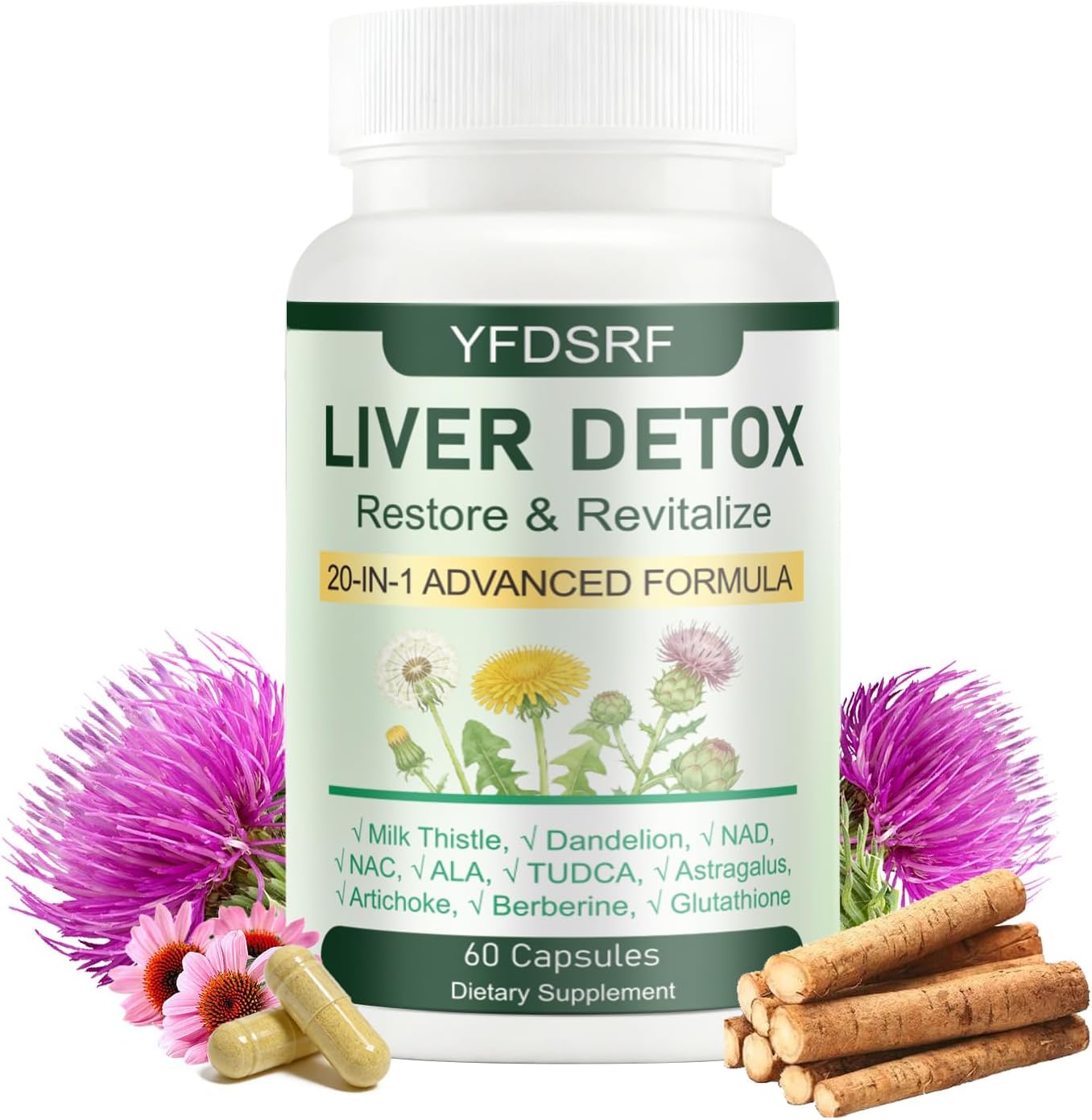 Liver Detox Capsules - 20-in-1 Herbal Supplement with Milk Thistle, Turmeric, Artichoke & Dandelion Root for Liver Cleanse, Fatty Liver Support & Digestive Balance, Vegan Formula, 60 Capsules (1)