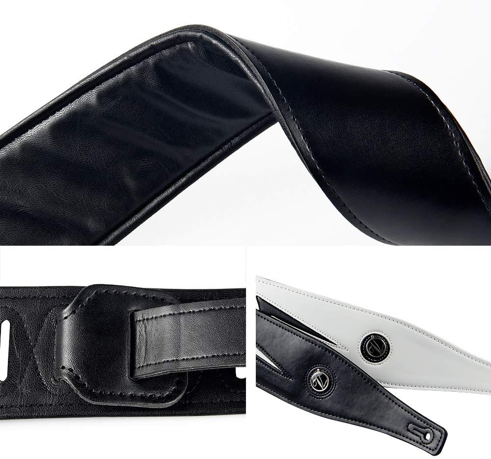 adiya Guitar Strap with Lightning Bolt for Electric Guitars/Bass, Leather Adjustable Length,Black/White/Red Available