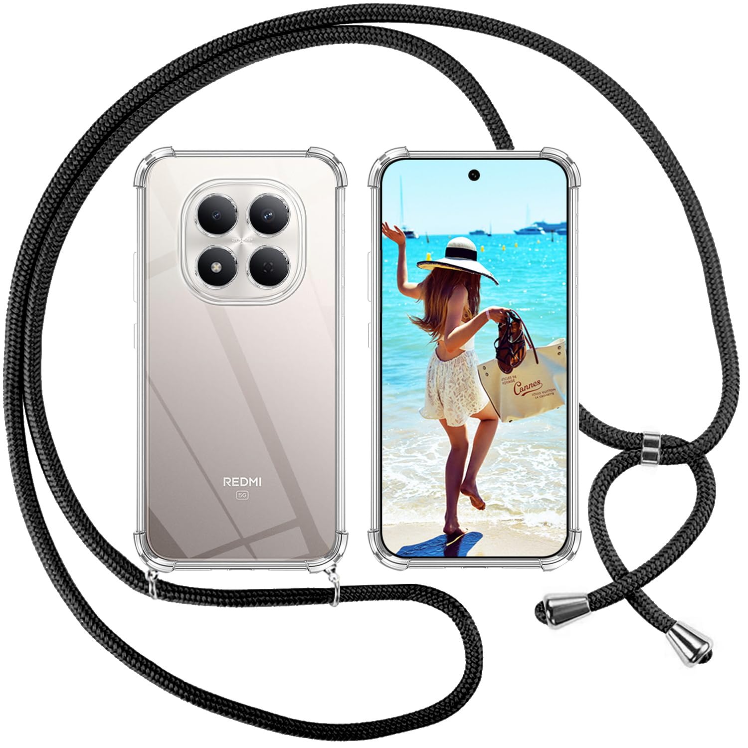 Custodia Con Cordino Regolabile Per Xiaomi Redmi Note 15 Pro 5G, TPU Trasparente, Antiurto E Antigraffio, Colore Nero - 4