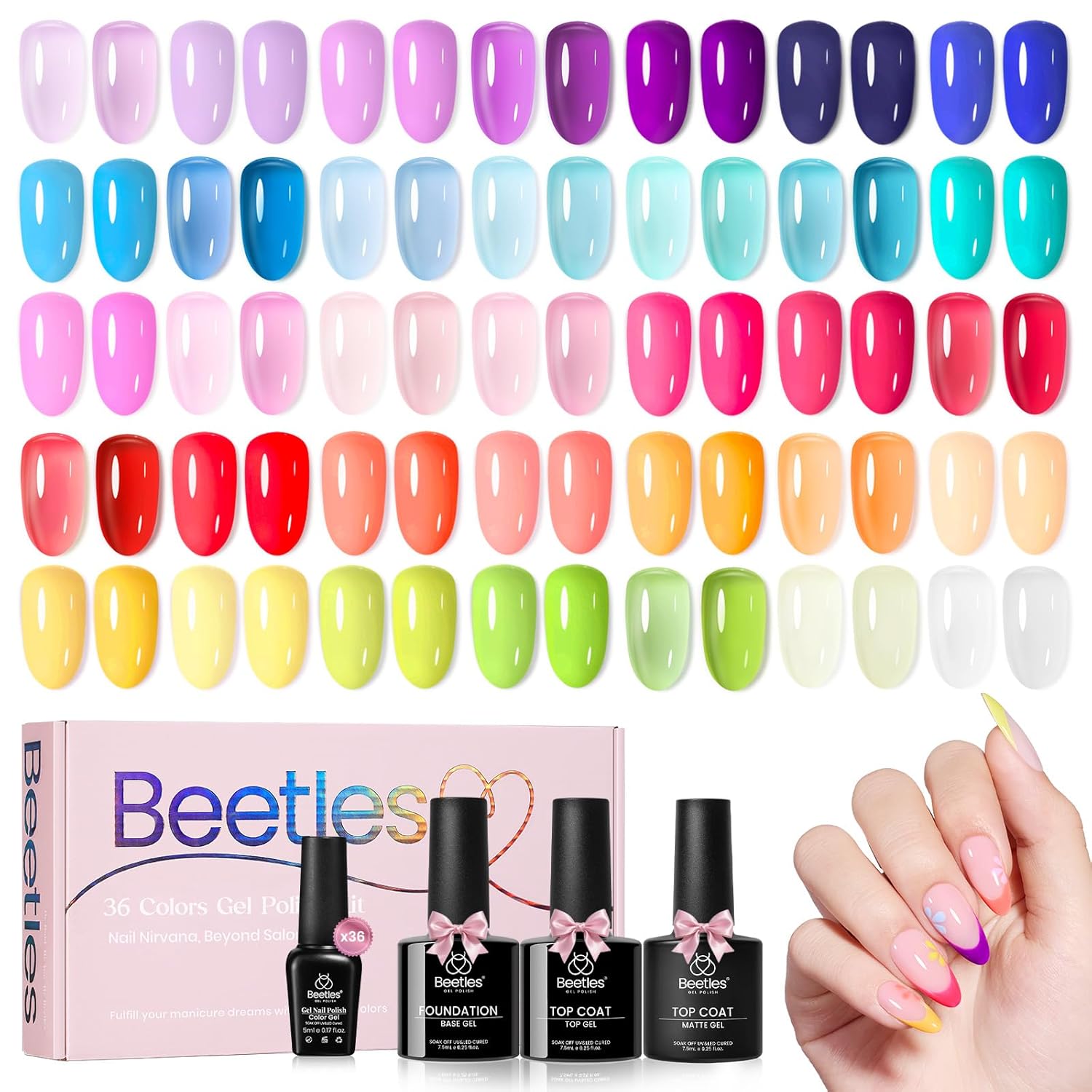 Beetles Neon Gel Polish Set - 36 Colors Dewdrop Flora Gel Nail Kit Spring Jelly Pink Milky White Yellow Purple Green Natural Classic Color Set Soak Off UV LED Home Salon Summer Gift for Women