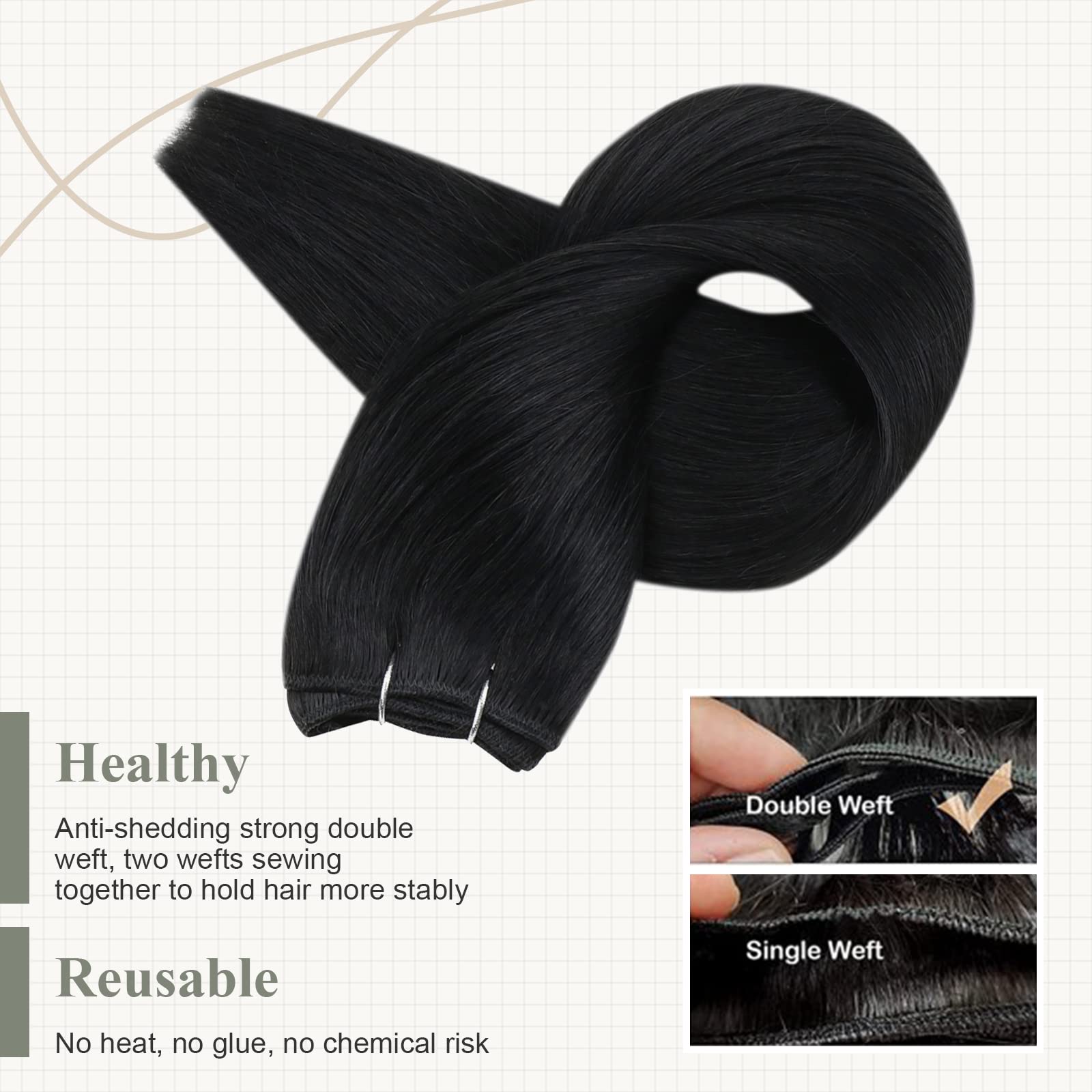 Fshine Matassa Extension Capelli Veri Jet Neri Extension Capelli Veri Originale Cucite 40CM 100g Extension Naturali Umani Lisci Bundles Human Hair Weft Extensions #1