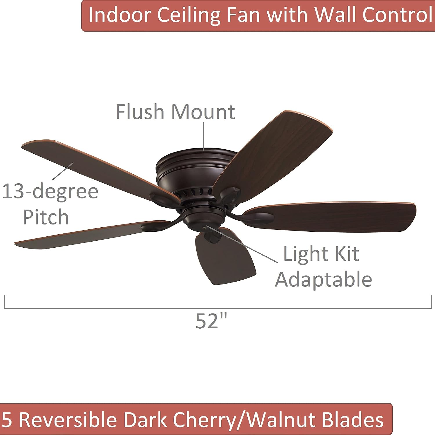 Creative Product Luminance CF905ORB Kathy Ireland Home Prima Snugger Flush Mount Ceiling Fan, 52 Inch | Low Profile Hugger with Wall Control and 5 Reversible Blades | Indoor Fixture, 51 to 55 Inches, Oil Rubbed Bronze