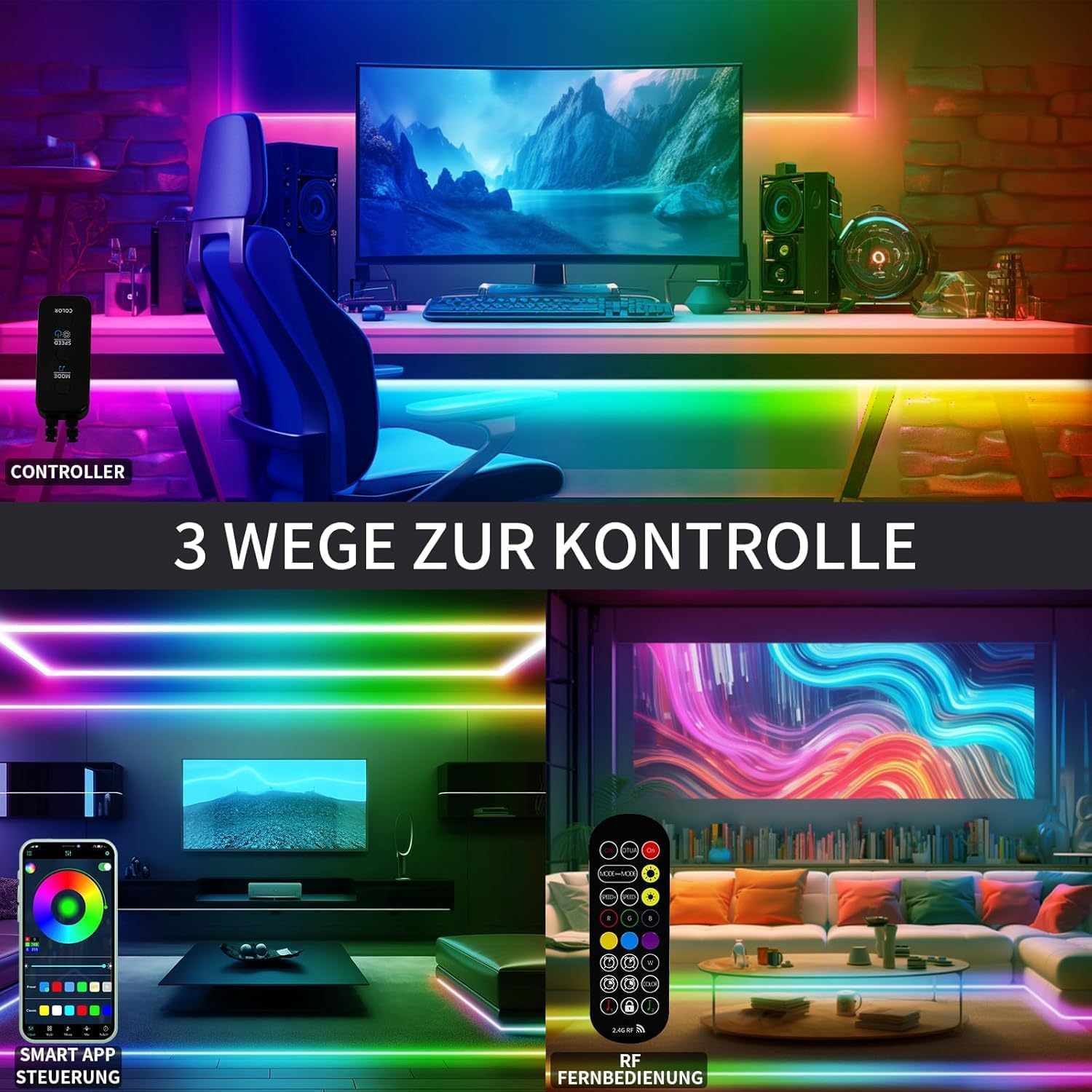 RGB+IC COB LED Streifen 12M LED Band 24V mit App Steuerung & Dimmbar | RF Fernbedienung Timer und Musik Sync,selbstklebend für einfache Montage in Wohnzimmer,Schlafzimmer,Gaming und Party