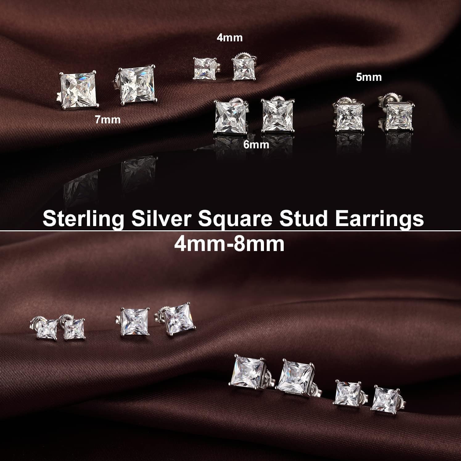 Jiamiaoi Stud Earrings Screw Back Sterling Silver Cubic Zirconia Stud Earrings Set 4 Millimeters-8 Millimeters Nickle Free Hypoallergenic Earring Studs