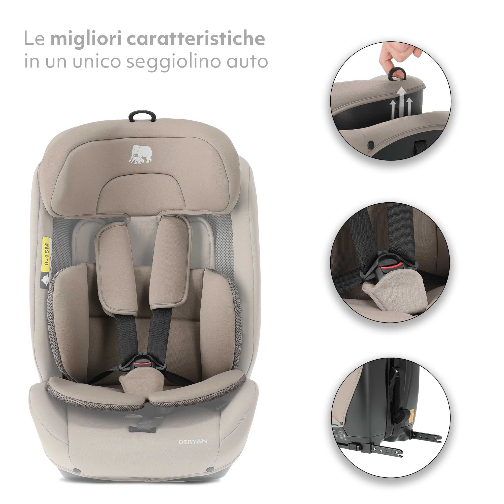 Deryan Carter Seggiolino Auto Bambino I-SIZE 75-150 cm, 9-36 kg, 1,5-12 anni, Gruppo 1/2/3, Testa Regolabile in Altezza 10 Livelli, Protezione Laterale, FWF, Copertura Rimovibile (Con ISOFIX)