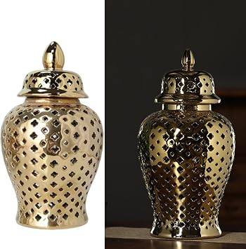 Pierced Ceramic Ginger Jar with Lid Lattice Cut-Out Temple Vase for Decorative Home or Desktop Display, Traditional Porcelain Ornament,48X32CM,Gold