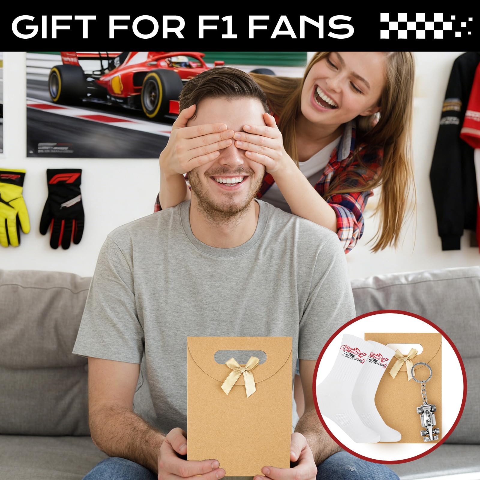 Leikedun Regalo di compleanno per gli appassionati di auto da corsa F1, calzini con ricamo f1 auto da corsa con portachiavi, regalo per la formula 1 amante