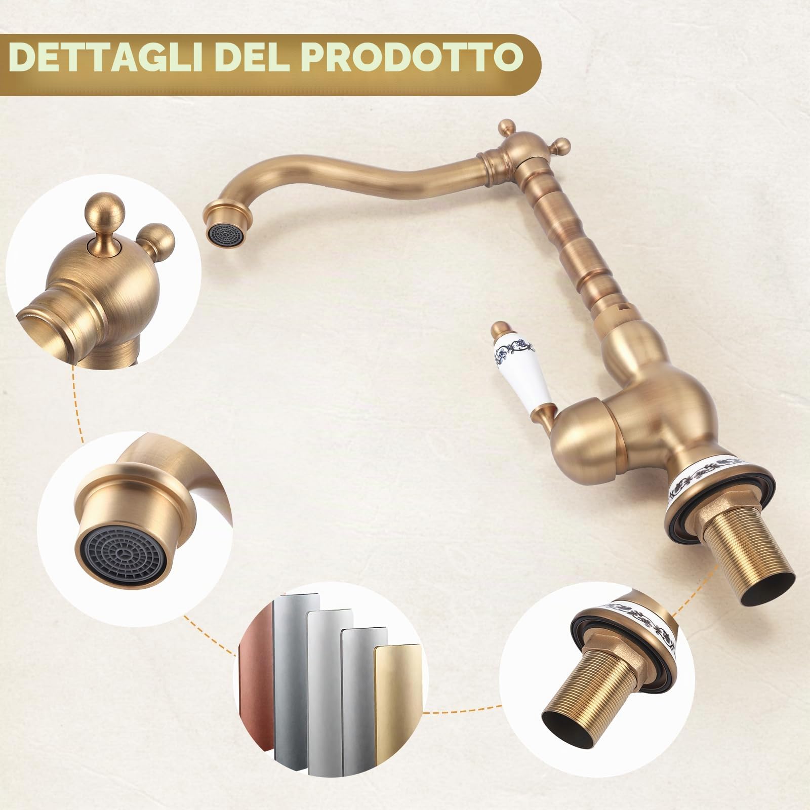 Rubinetto Vintage Rubinetto Lavello Cucina Girevole a 360°,Rubinetto Bagno Lavabo in Ottone,Miscelatore Monocomando da Appoggio,Calda e Fredda del Rubinetto,Includono 2 Tubi Flessibili,Design Durevole