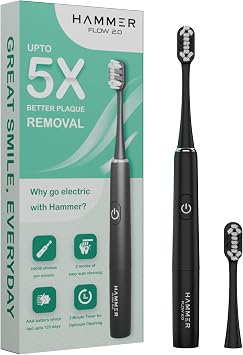 Hammer Flow 2.0 Electric Toothbrush for Adults and 2 Replaceable Brush Heads for Men and Women, 2 Brushing Modes, AAA Battery, Waterproof, Super-Soft Bristles, Pack of Electric Brush Blue