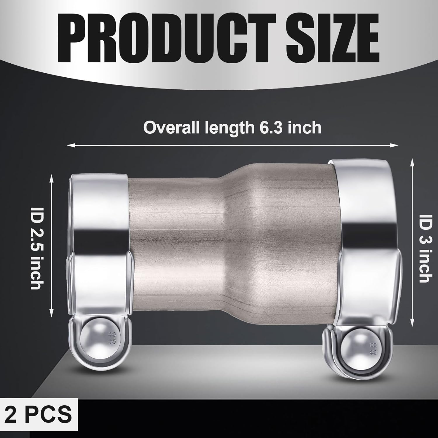 2 Pcs 2.5 to 3 Inch Exhaust Adapter Reducer Kit with Clamps, Stainless Steel, ID 2.5" to Od 3" Universal Exhaust Pipe Connector for Car, Truck, Suv