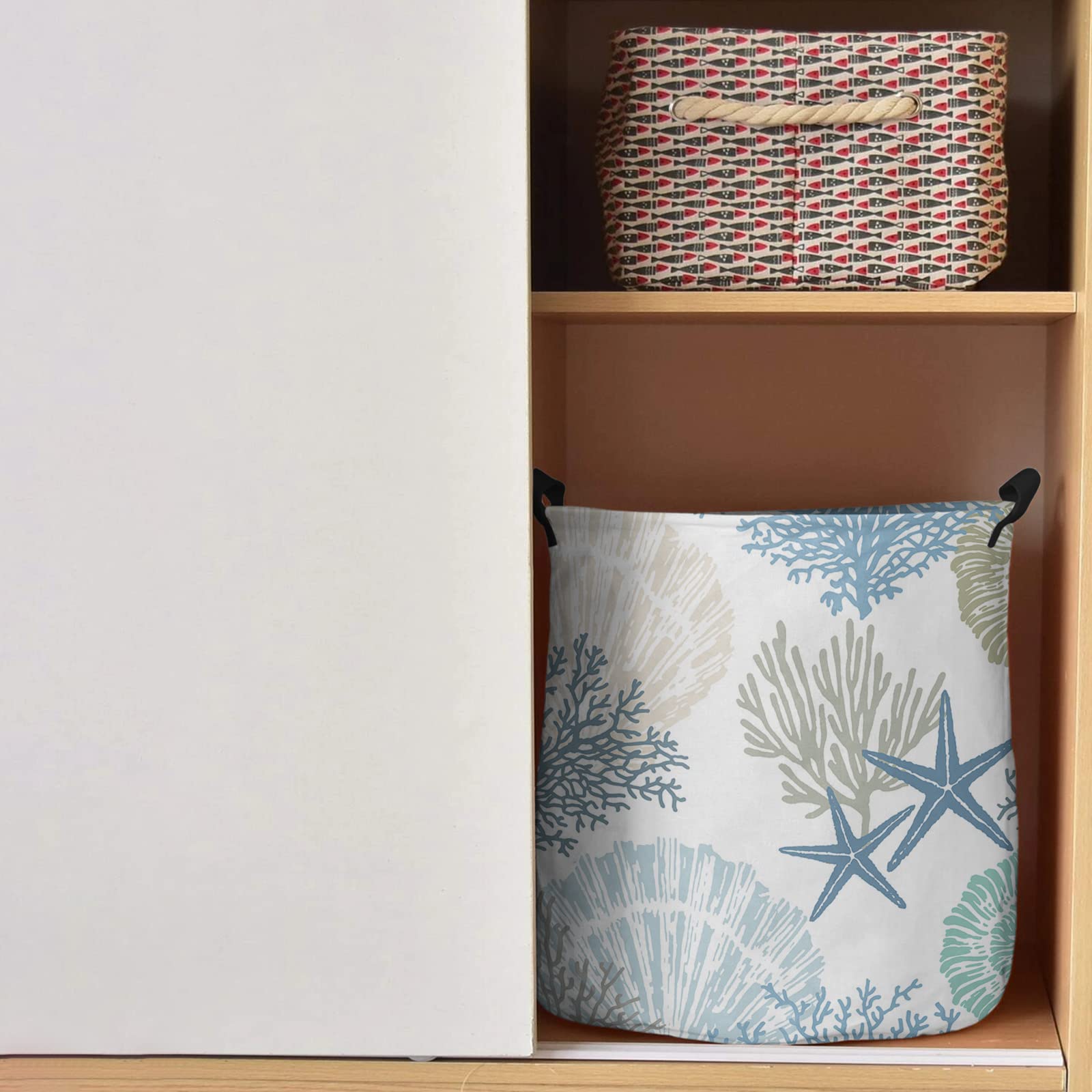 Laundry Basket Hamper with Handles, Blue Ocean Coral Conch Starfish Waterproof Laundry Bin Foldable Clothes Basket for Storage Clothing Abstract Geometric Texture 16.5x17 Inch