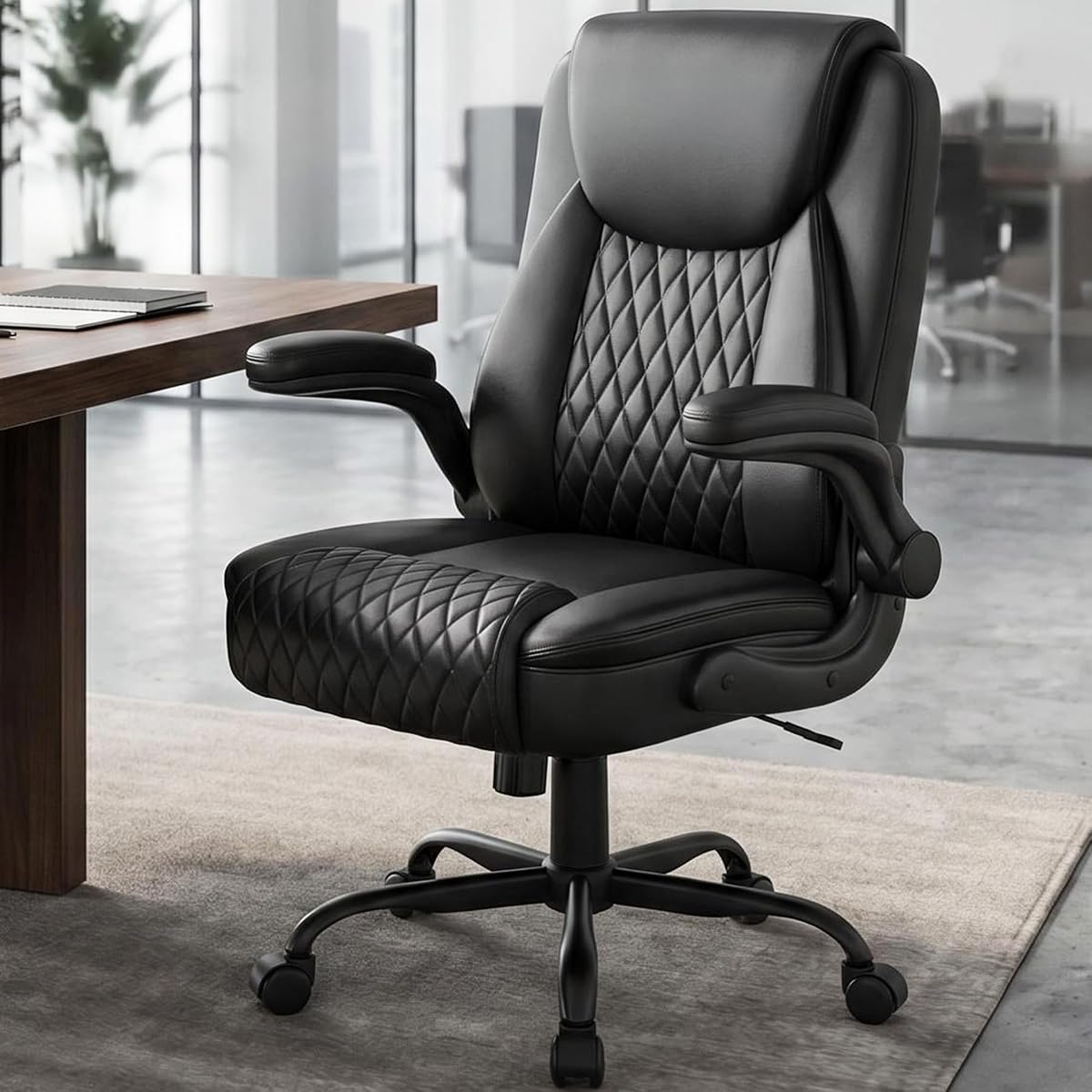 GTPOFFICE Executive Office Chair with Comfortable Lumbar Support, Ergonomic Gaming Chair with Flip-up Armrests & Zoned Pressure-Relief Cushion, Comfy PU Leather Desk Chair, Black Faux Leather Black image 1