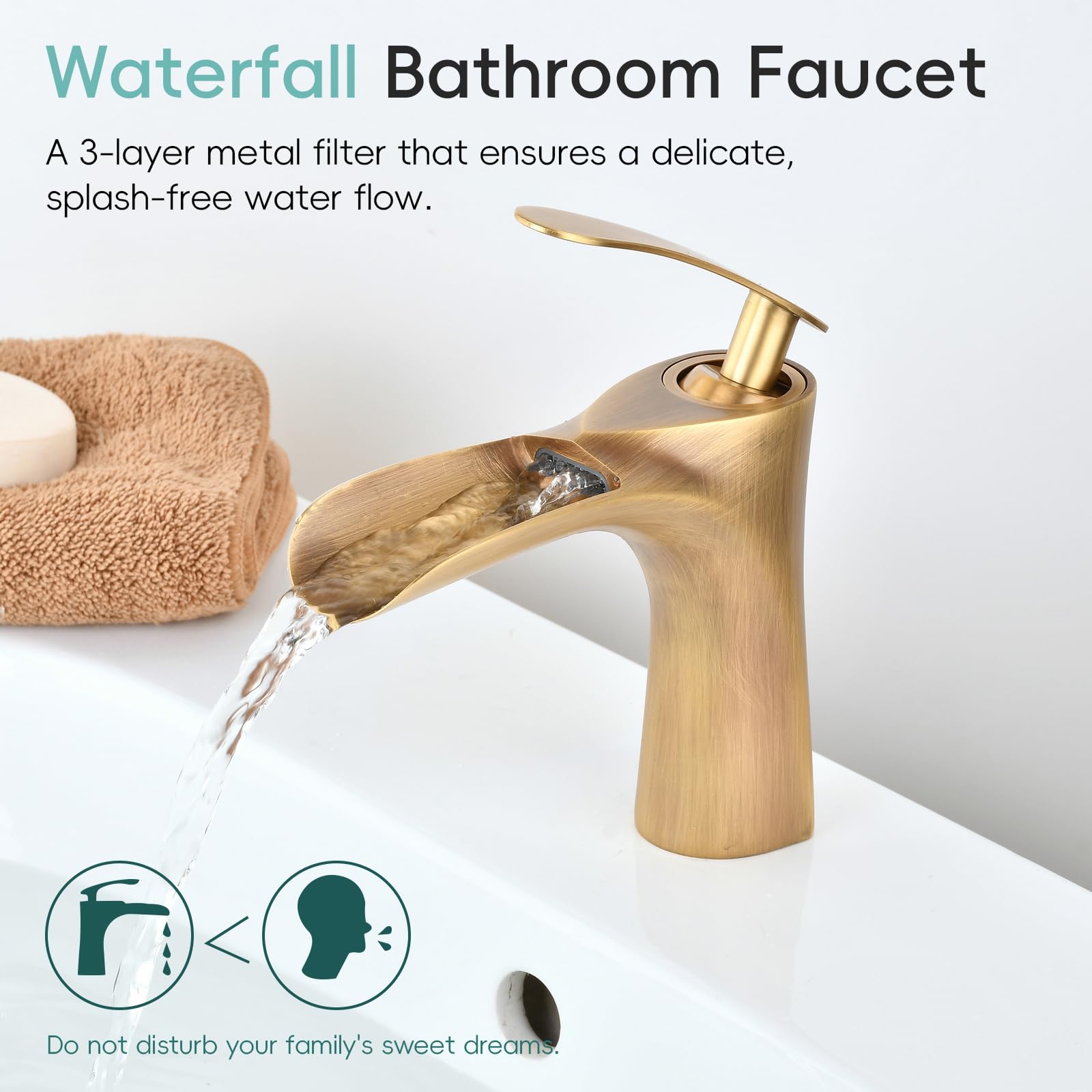 Waschbecken im Badezimmer,Antike Messingfarbe,Wasserfall Wasserhahn,Wasserhahn Klein,1 Loch Eingriff,Heißes und Kaltes Wasser Mischen,LK1004SG