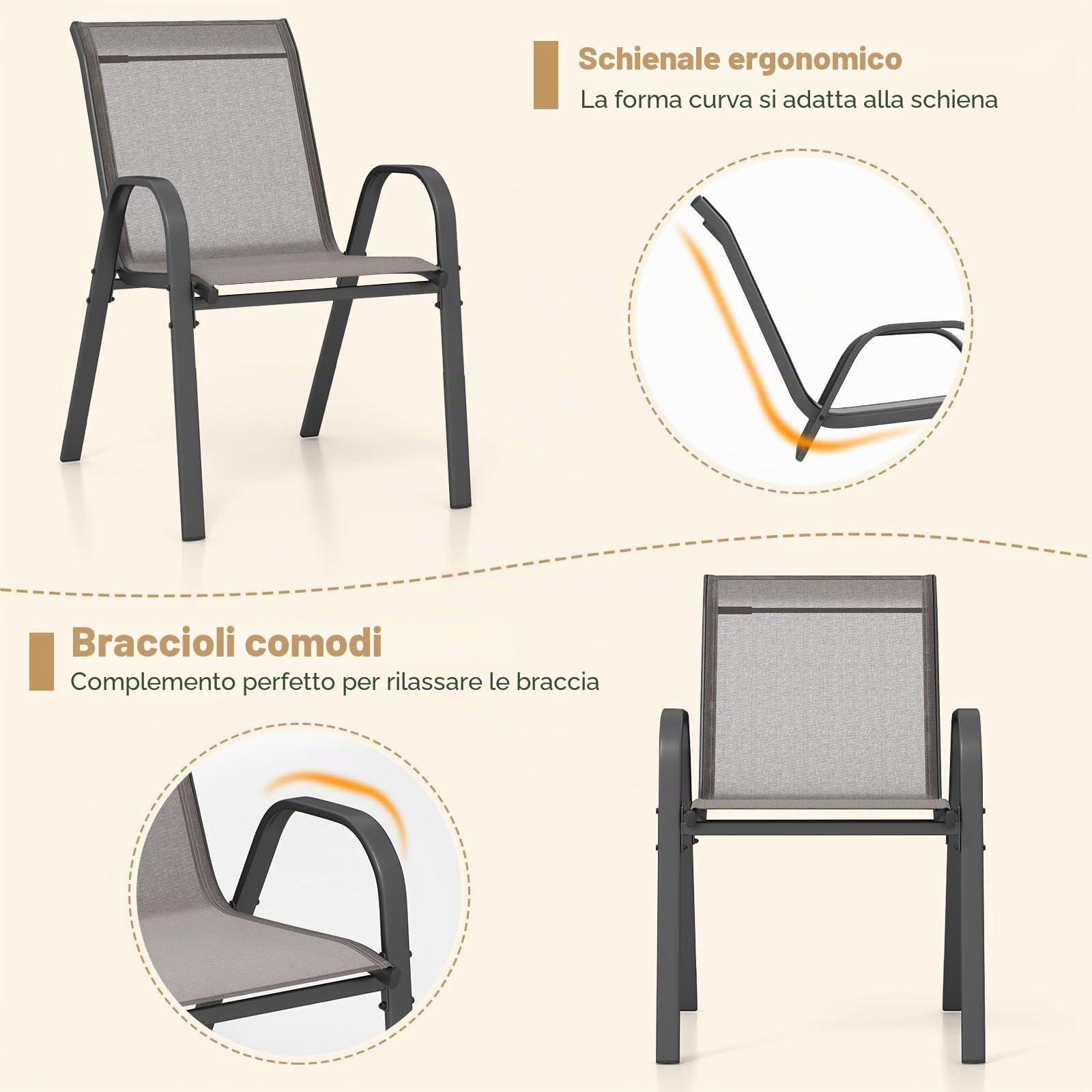 FANTASK Sedie da giardino impilabili, da terrazza, da balcone in textilene e struttura in metallo, set da 4 sedie impilabili con braccioli, portata fino a 150 kg, 56 x 70 x 84 cm (grigio)