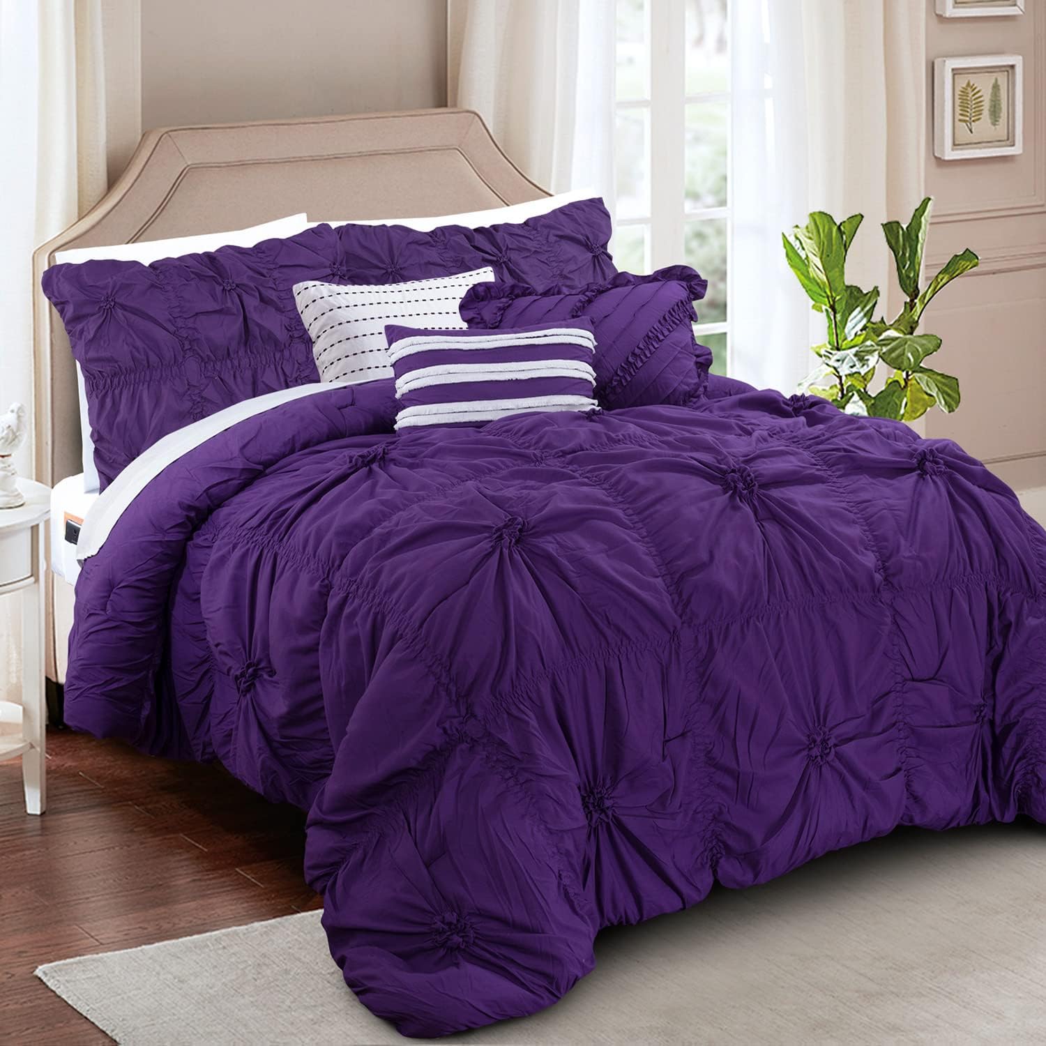 Elegant Comfort Amy 12-Piece Oversized Comforter, Bed-in-a-Bag Including 6-Piece Sheet Set Featuring Smart Pockets and Matching Decorative Pillows, Amy 12PC Oversized Comforter, Queen, Purple