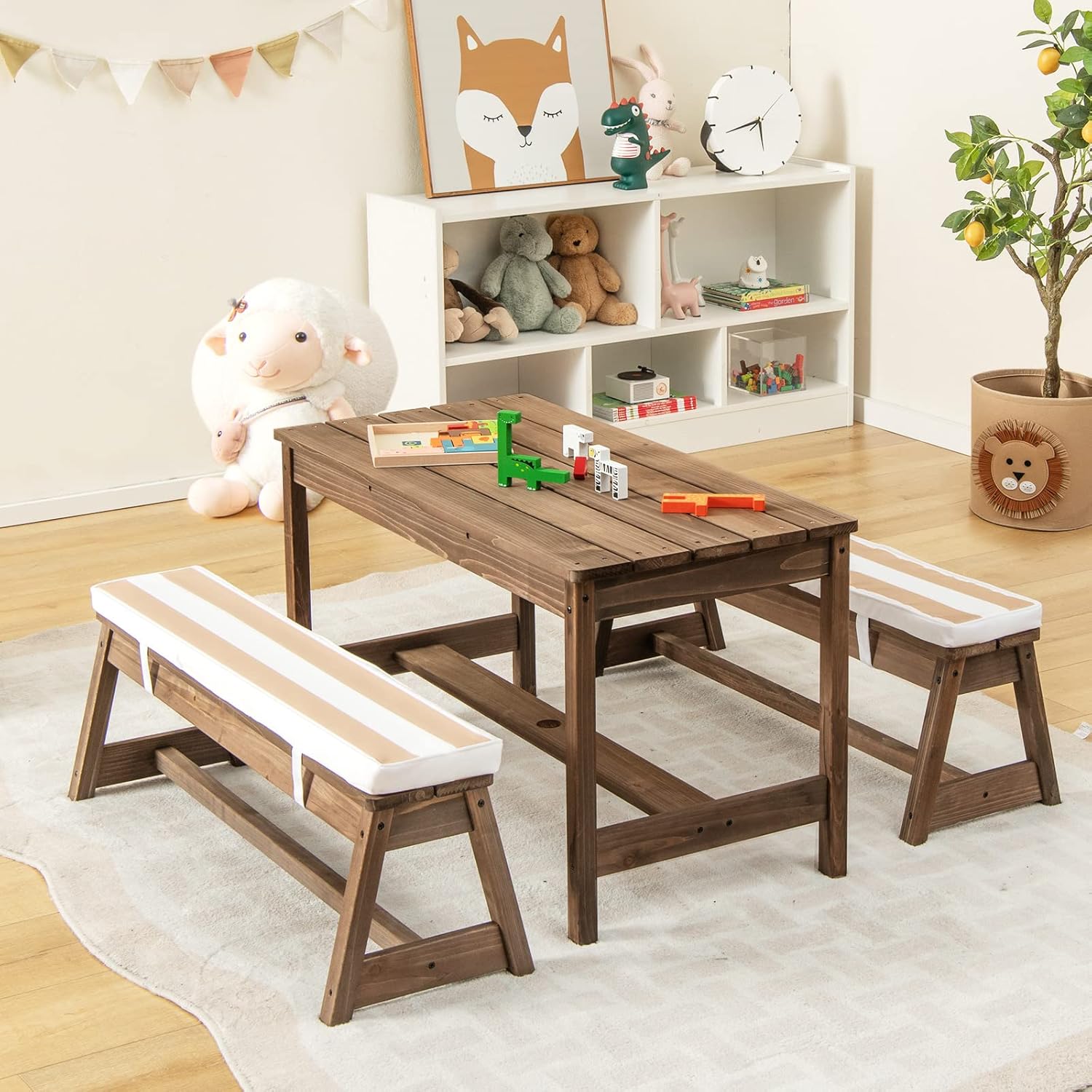 Olakids Kids Picnic Table, 2 in 1 Outdoor Toddler Wooden Table and Chair Set with Removable Cushions Height Adjustable Umbrella, Children Activity Furniture Bench for Patio Garden Backyard