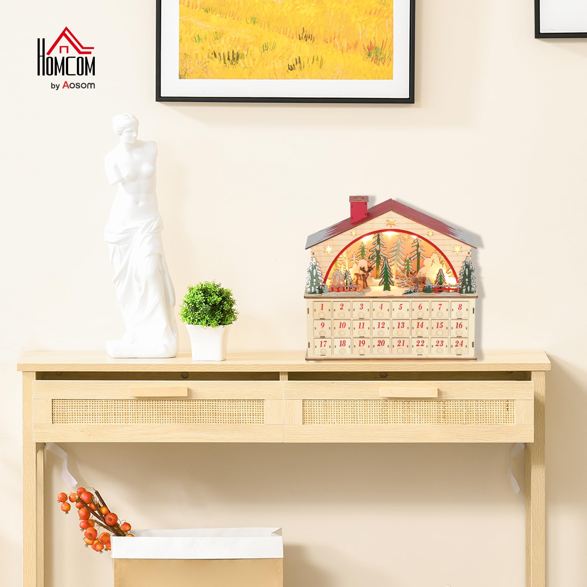HOMCOM Calendario de Adviento para Rellenar de Madera, con Luces LED y 24 Cajones, Calendario de Adviento de Navidad Reutilizable con Escena de Pueblo, Decoración Navideña, 36x10x34 cm, Natural