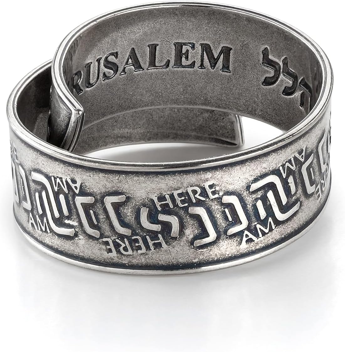 Hebrew Hineni Spiritual Ring, Here I Am Inspirational Wrap Ring for Men and Women, 925 Silver-Plated, Open Adjustable Christian Faith Statement Jewelry, Meaningful Bible Verse Gift, Handmade in Israel by Hallel Jewelry