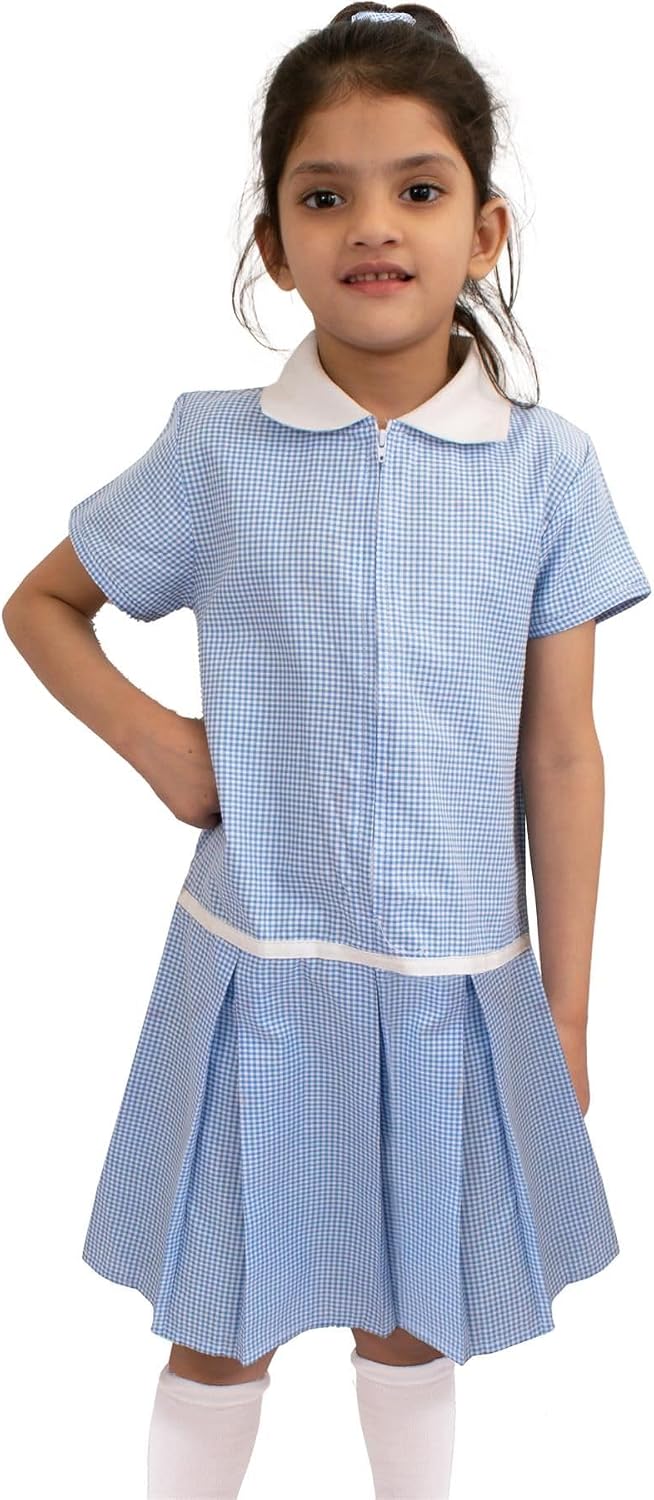 A2Z 4 Kids Girls Uniform School Dress Soft Comfortable Gingham Check Zip Up Summer Dresses with Matching Scrunchies