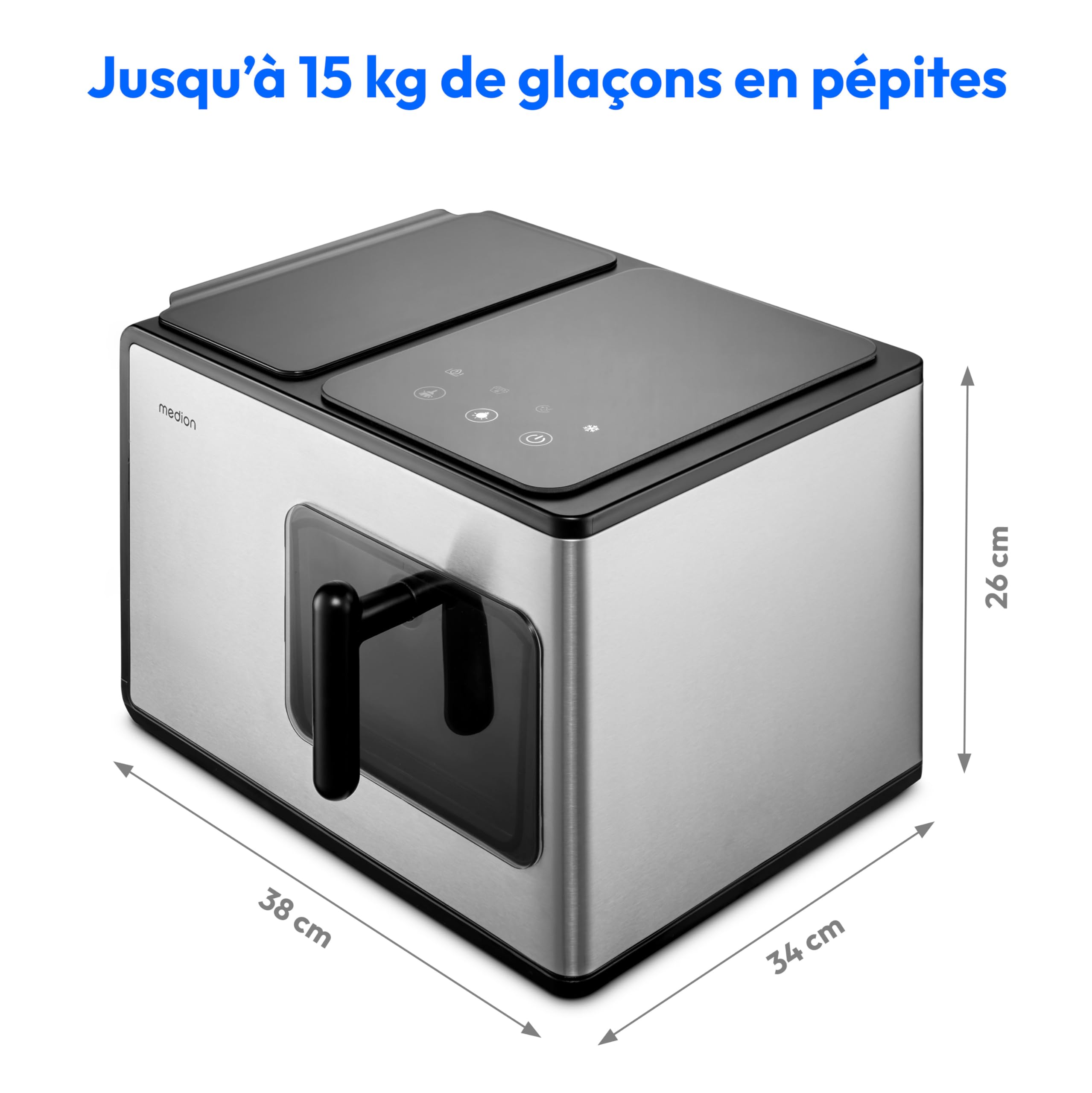 MEDION Machine à glaçons (Nugget glaçons, parfait pour boissons & cocktails, réservoir de 2 litres, jusqu'à 15kg de glaçons, temps de production court env. 5 min, panier amovible, autonettoyant, MD119